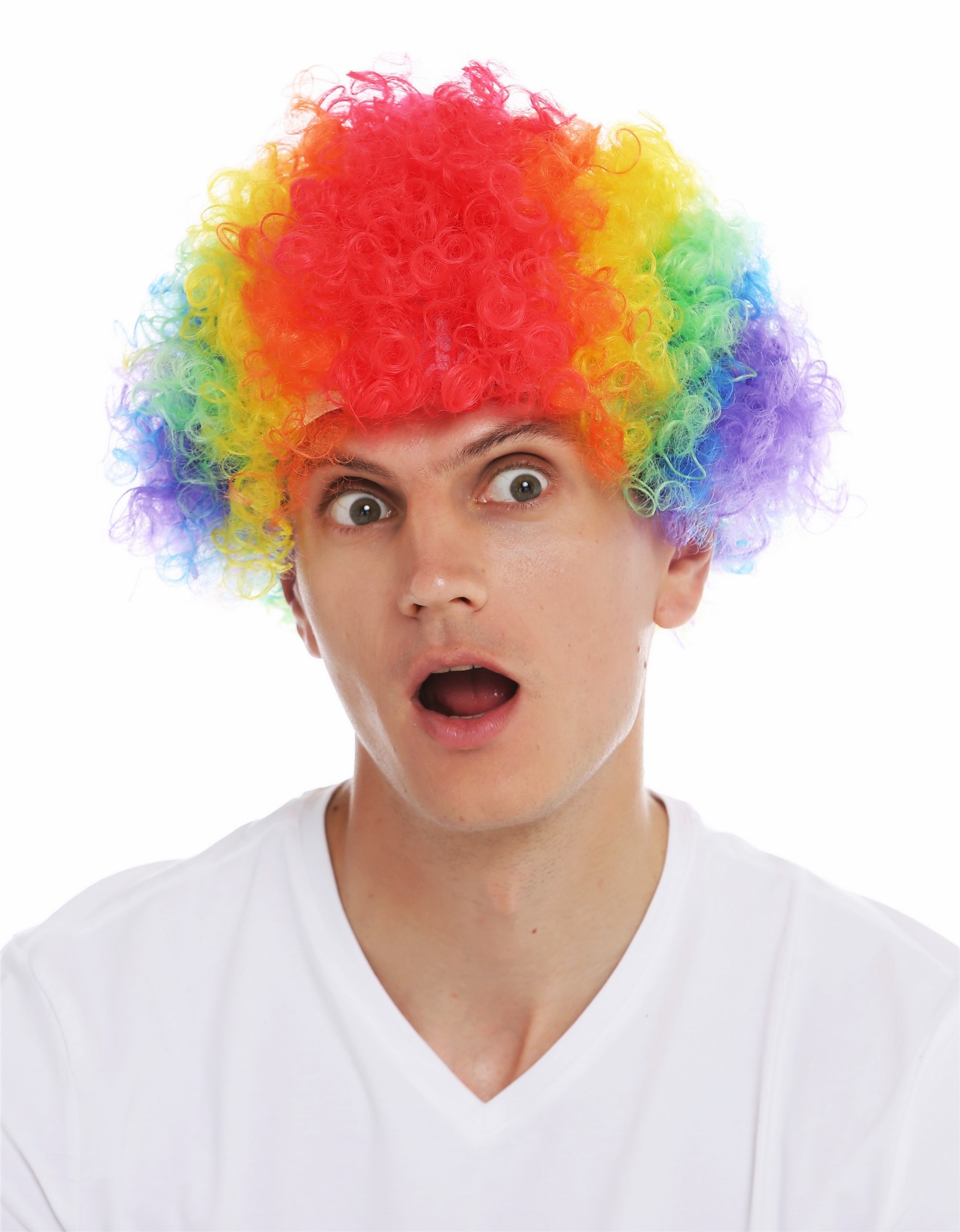 Wig carnival afro rainbow colourful frizzy curls clown women men MMAM-15M, front view, WIG ME UP: Your Perücken Online Shop Party Wig, Unisex, Purple,Blue,Green,Yellow,Orange,Red, curled, short