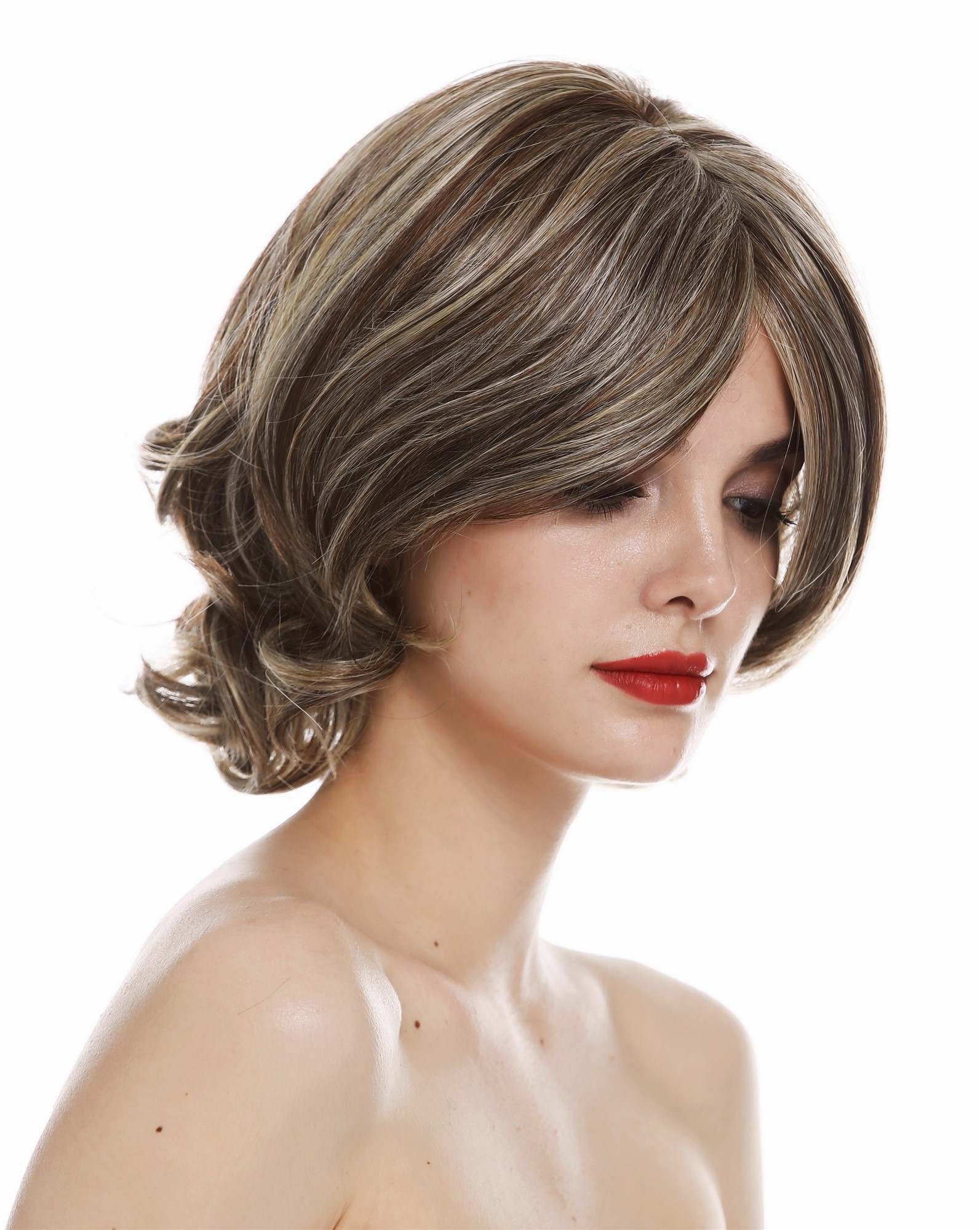 hochwertige Qualitätsperücken, Perücke Monofilament kurz wellig Braun Blond gesträhnt TYM-112-MT-CHOCO, Ansicht 5, WIG ME UP: Ihr Perücken Online Shop wellige Tressen-Perücke mit Teil-Mono Oberkopf Braun-Blond-Mix kurze Haare für Damen