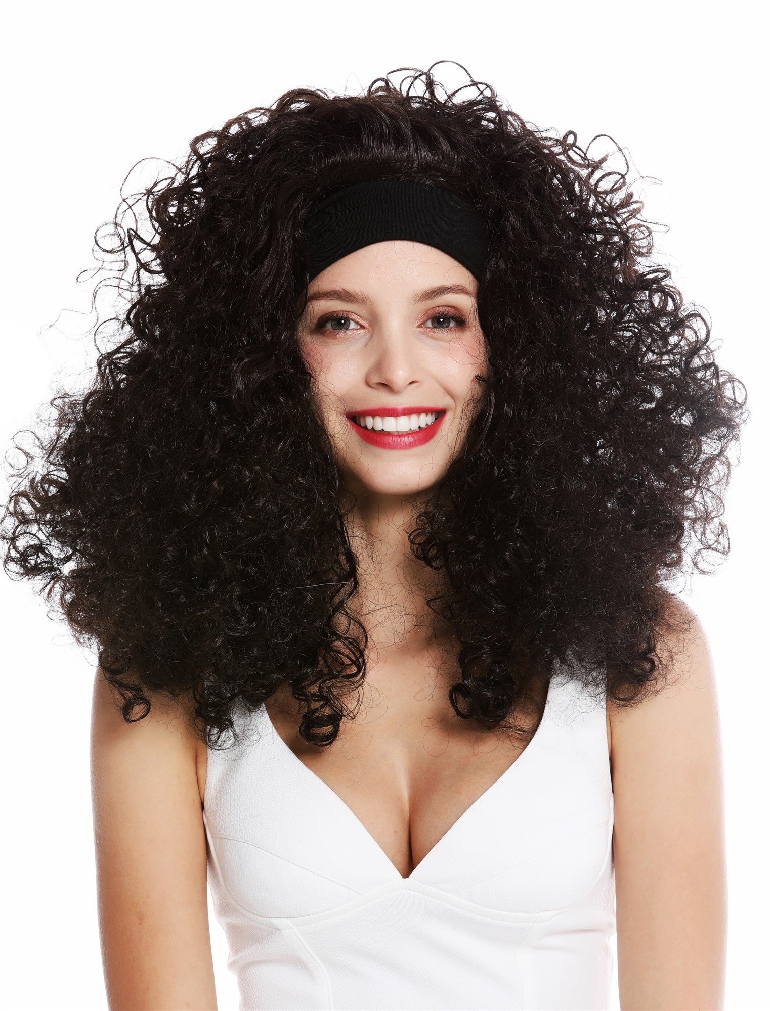 Women's party wig carnival headband long curly voluminous Latina brown LM-153, front view, WIG ME UP: Your Perücken Online Shop Party Wig, Ladies, black-brown, curled, long