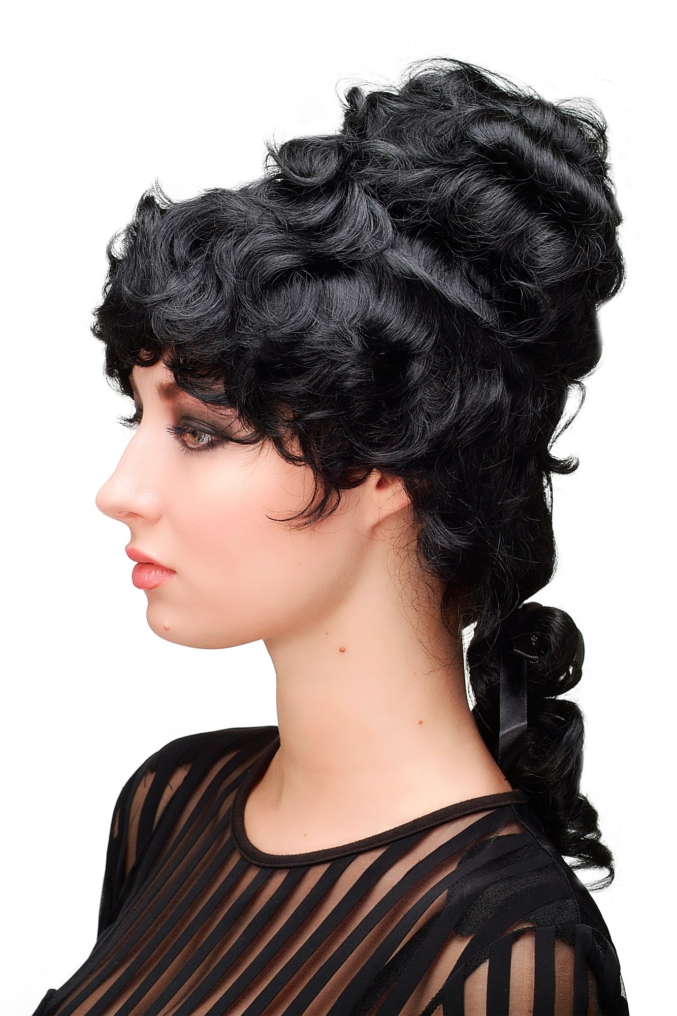 hochwertige Qualitätsperücken, Perücke Turmfrisur Barock Schwarz L.COLONIAL.Lady-1, Ansicht 2, WIG ME UP: Ihr Perücken Online Shop lockige Tressen-Perücke Schwarz schulterlange Haare für Damen