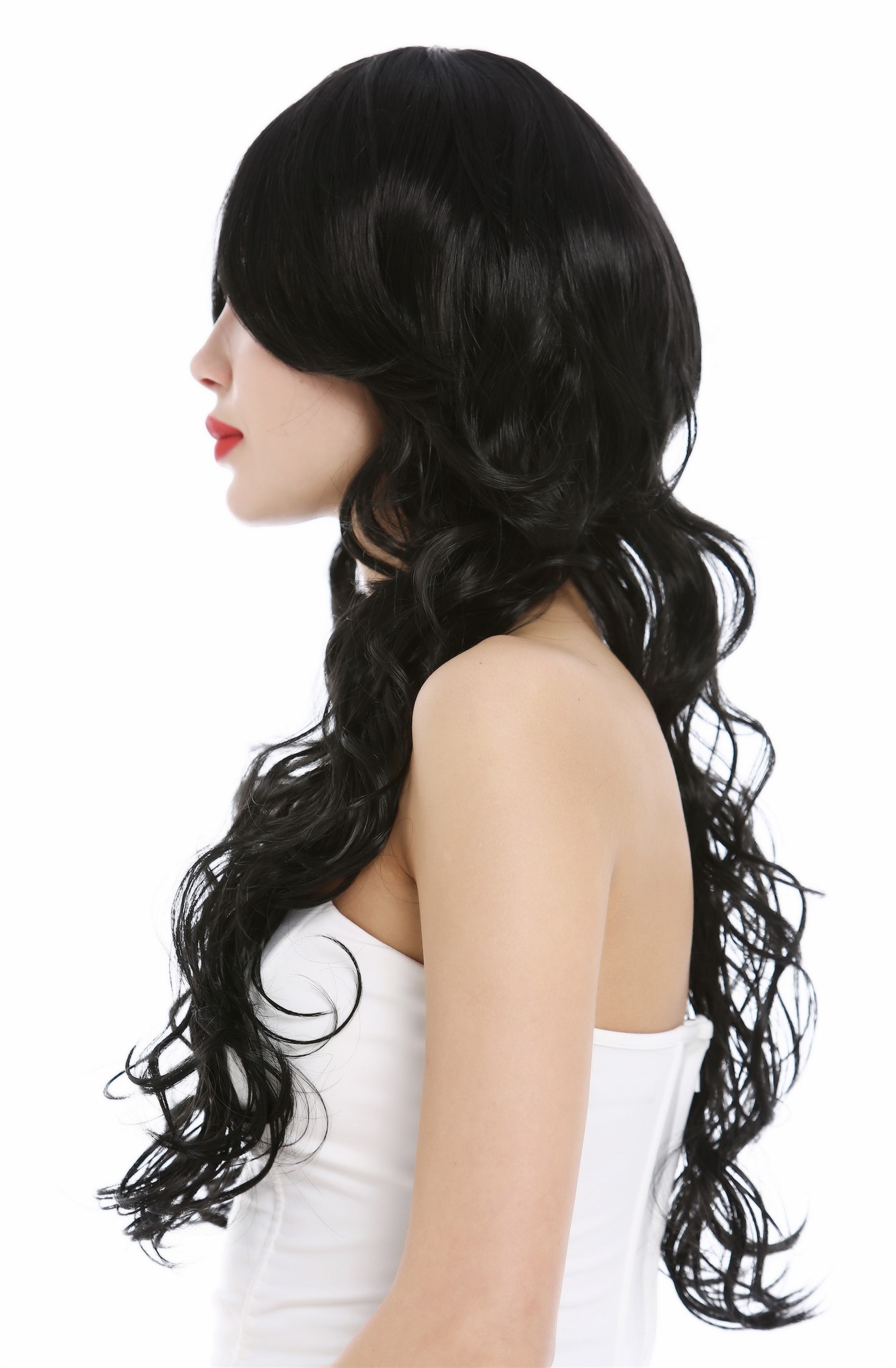 hochwertige Qualitätsperücken, Perücke lang gelockt wet look Schwarz VK-47-1B, Ansicht 3, WIG ME UP: Ihr Perücken Online Shop lockige Tressen-Perücke mit Kopfhaut-Imitat Samtschwarz lange Haare für Damen