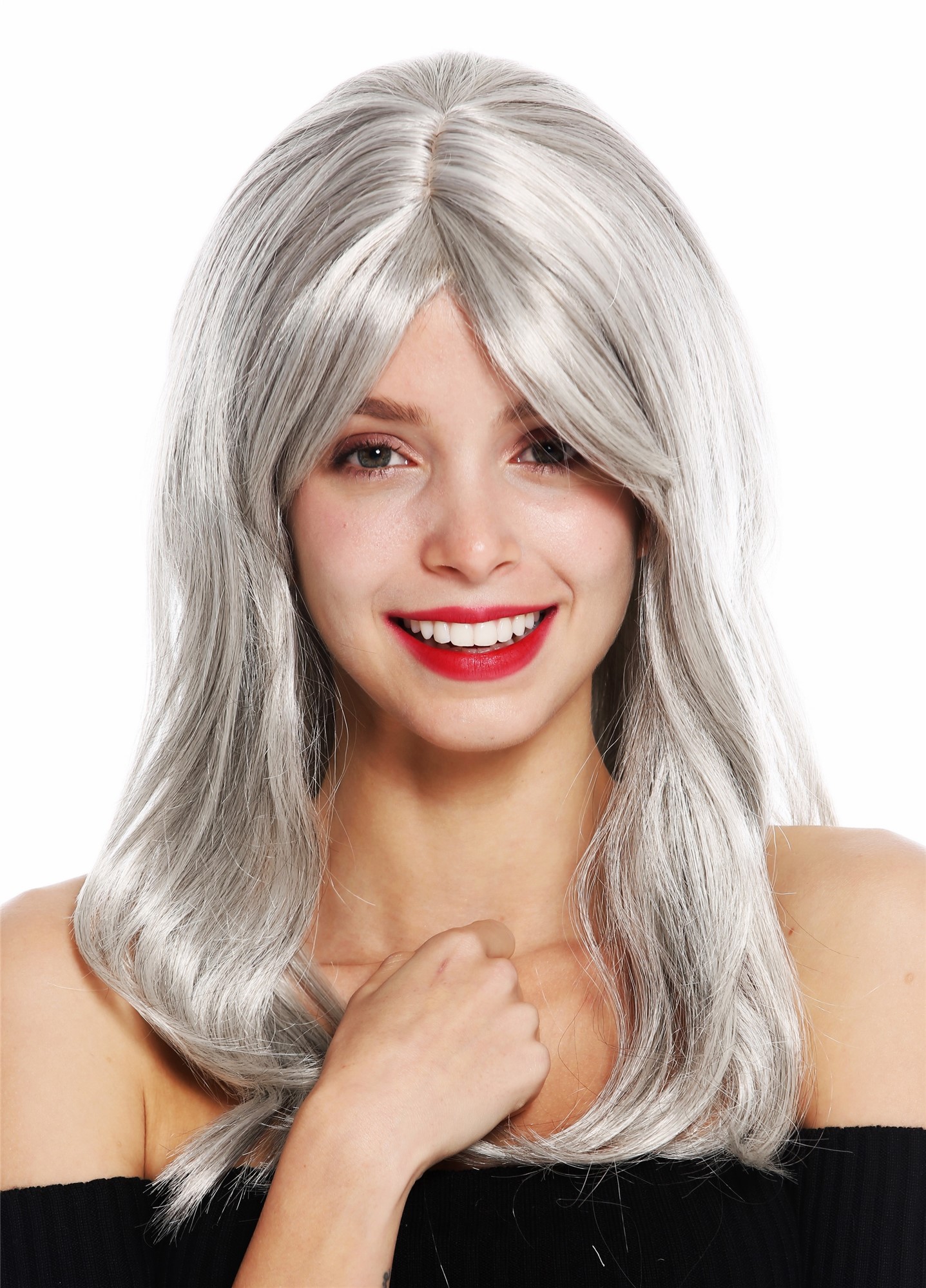 Women's wig lady long slightly waved wavy parted grey gray GFW2247, front view, WIG ME UP: Your Perücken Online Shop Quality Wigs, Ladies, silver gray, wavy, long