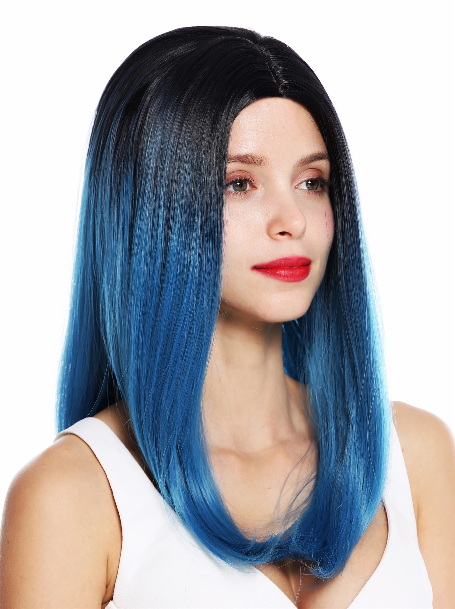 1362-4330/2913 women's  wig long sleek middle parting ombre black blue, front view, WIG ME UP: Your Perücken Online Shop Quality Wigs, Ladies, blue-black mix, straight, long