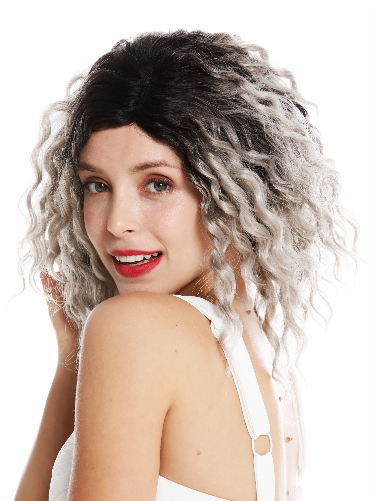 Quality Wigs, Ladies, gray-black mix, curled, shoulder-length