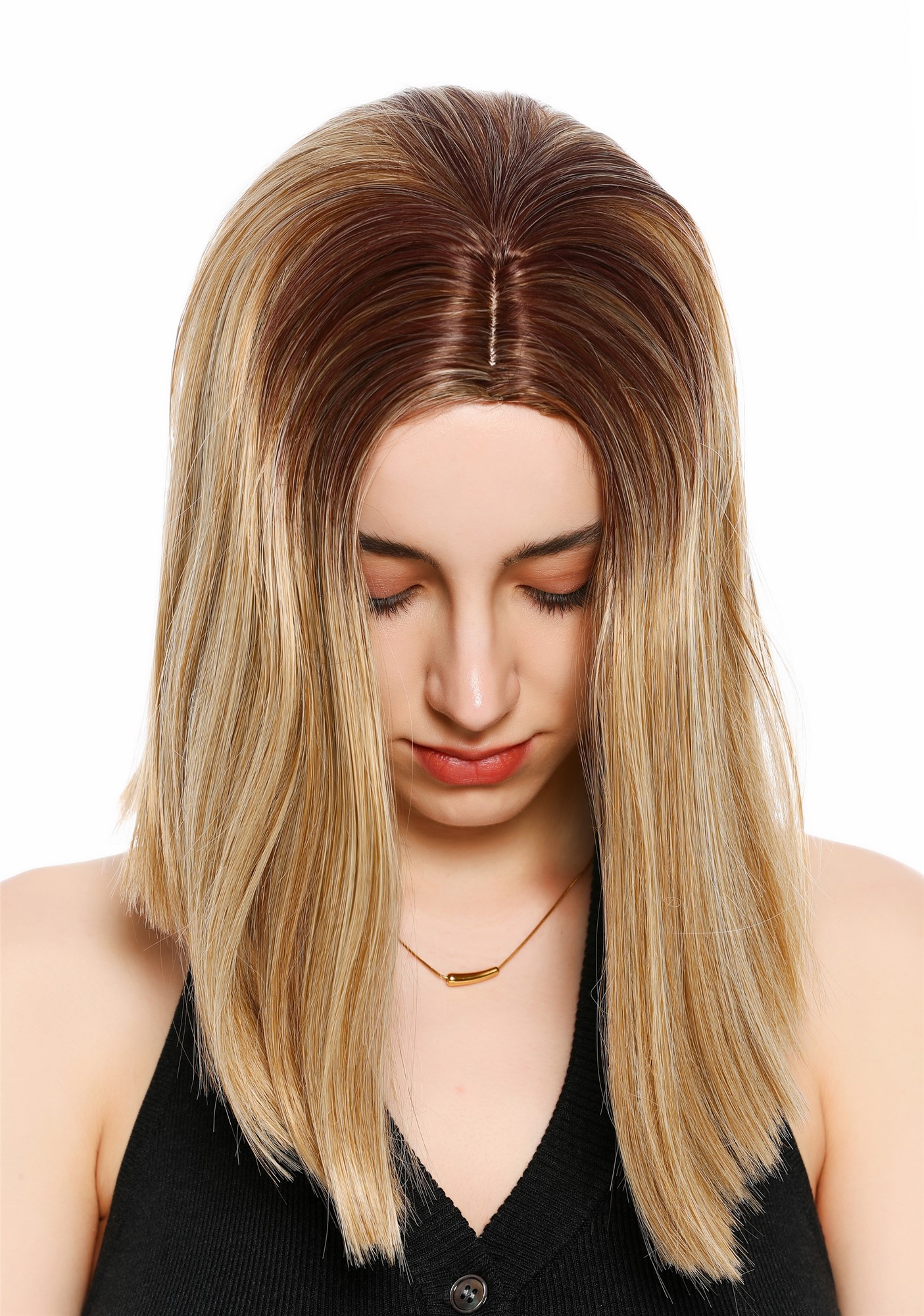 Perücke Damen schulterlang Longbob glatt Mittelscheitelt Ombre Balayage Highlights Rotbraun Blond GFW4029S-27/613+33
