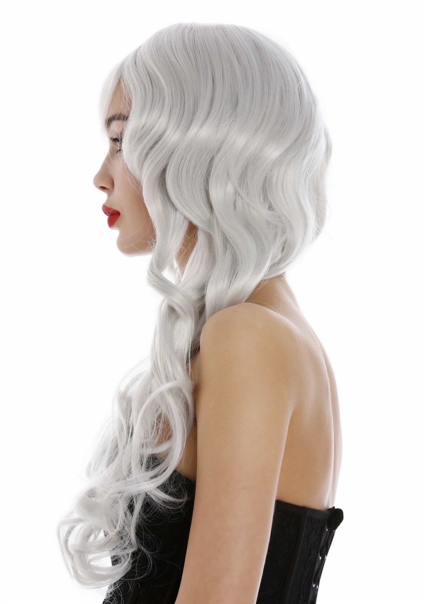 hochwertige Qualitätsperücken, Perücke lang wallendes Haar wellig leicht lockig Grau Weißgrau 9204S-001, Ansicht 3, WIG ME UP: Ihr Perücken Online Shop lockige Tressen-Perücke mit Kopfhaut-Imitat Weißgrau lange Haare für Damen