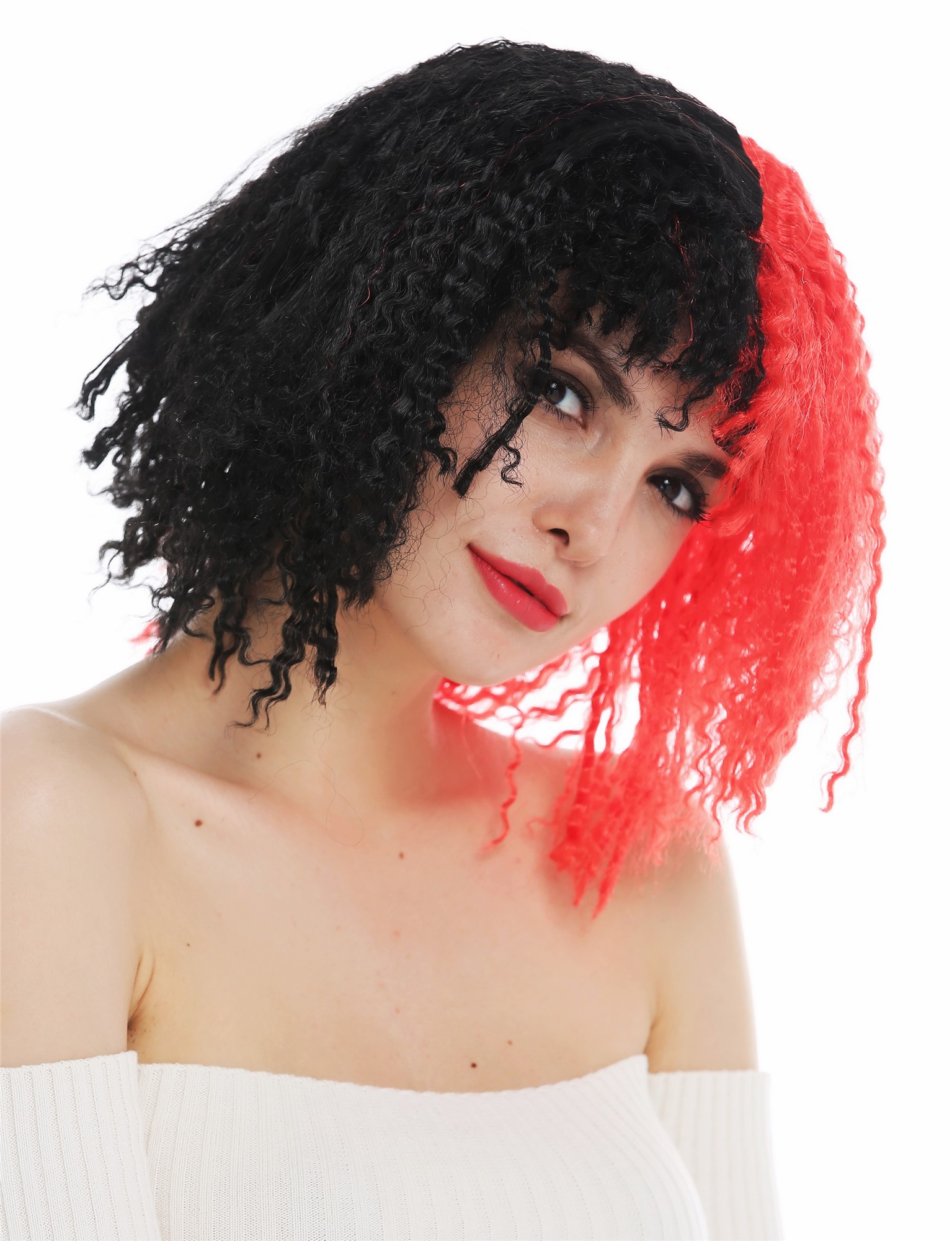 günstige Party Perücke, Perücke Krepplocken schulterlang schwarz rot Hälften DEC299-P103-13, Ansicht 3, WIG ME UP: Ihr Perücken Online Shop wellige Party Perücke Tiefschwarz-Knallrot-Mix kurze Haare für Damen