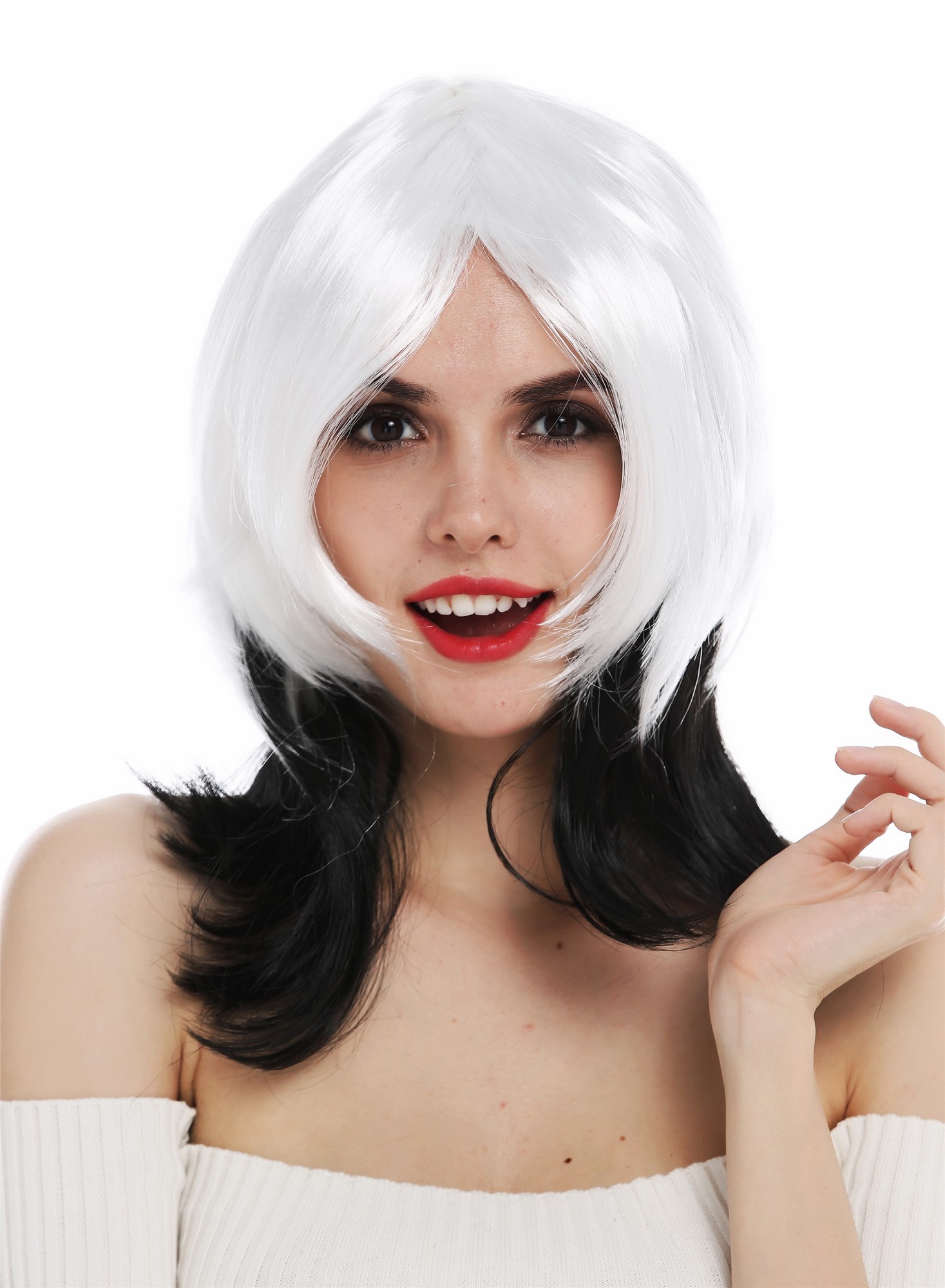 Women's wig Halloween carnival vamp black white layered Femme Fatale 6820706, front view, WIG ME UP: Your Perücken Online Shop Party Wig, Ladies, deep black and white mix, straight, shoulder-length