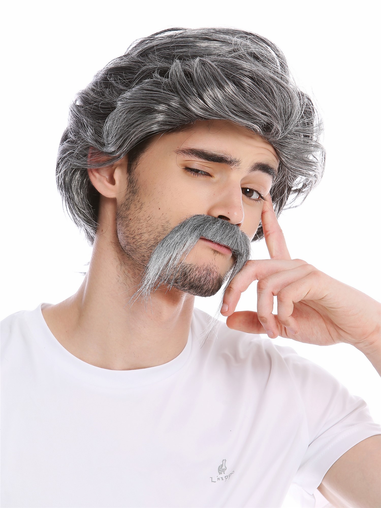 Wig & Mustache Set Men old gangster OG cartel boss Mexico jefe gray grey 0025, front view, WIG ME UP: Your Perücken Online Shop Party Wig, Men, Grey, wavy, short