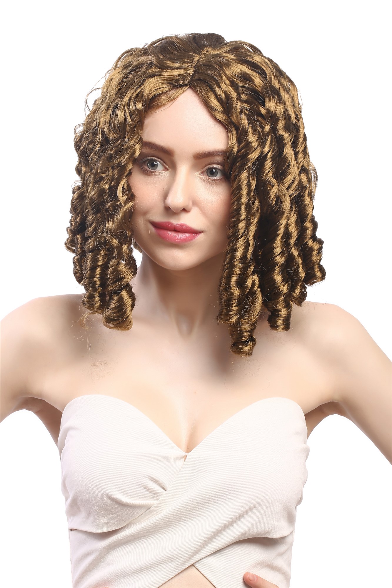 günstige Party Perücke, Perücke Spirallocken Gold-Braun Barock Mittelscheitel 90900-ZA90, Vorderansicht, WIG ME UP: Ihr Perücken Online Shop lockige Party Perücke Braun schulterlange Haare für Damen
