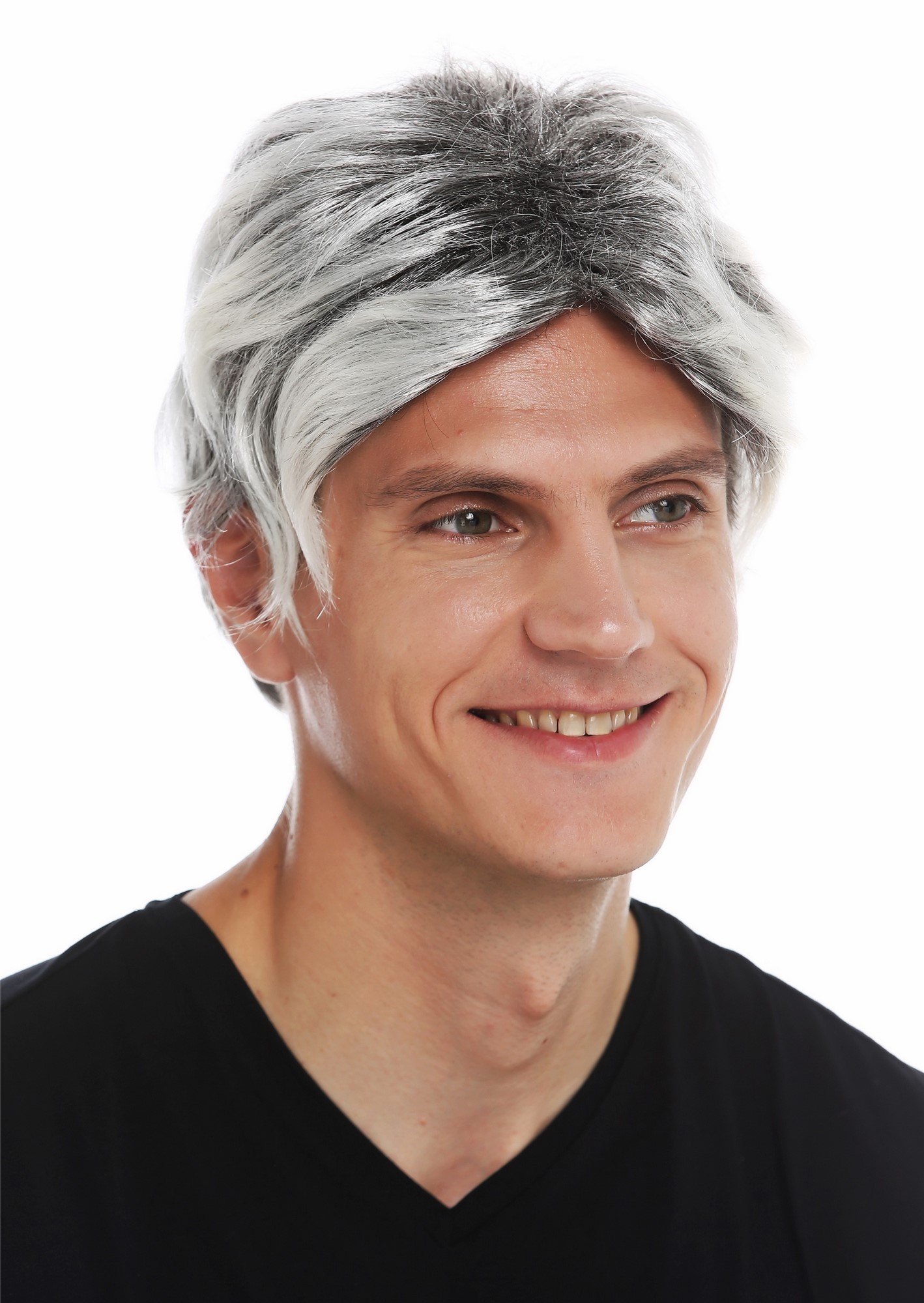 Wig carnival Halloween men short wavy black silver platinum mix highlights 31862, view 4, WIG ME UP: Your Perücken Online Shop Party Wig, Men, black-platinum blonde mix, wavy, short