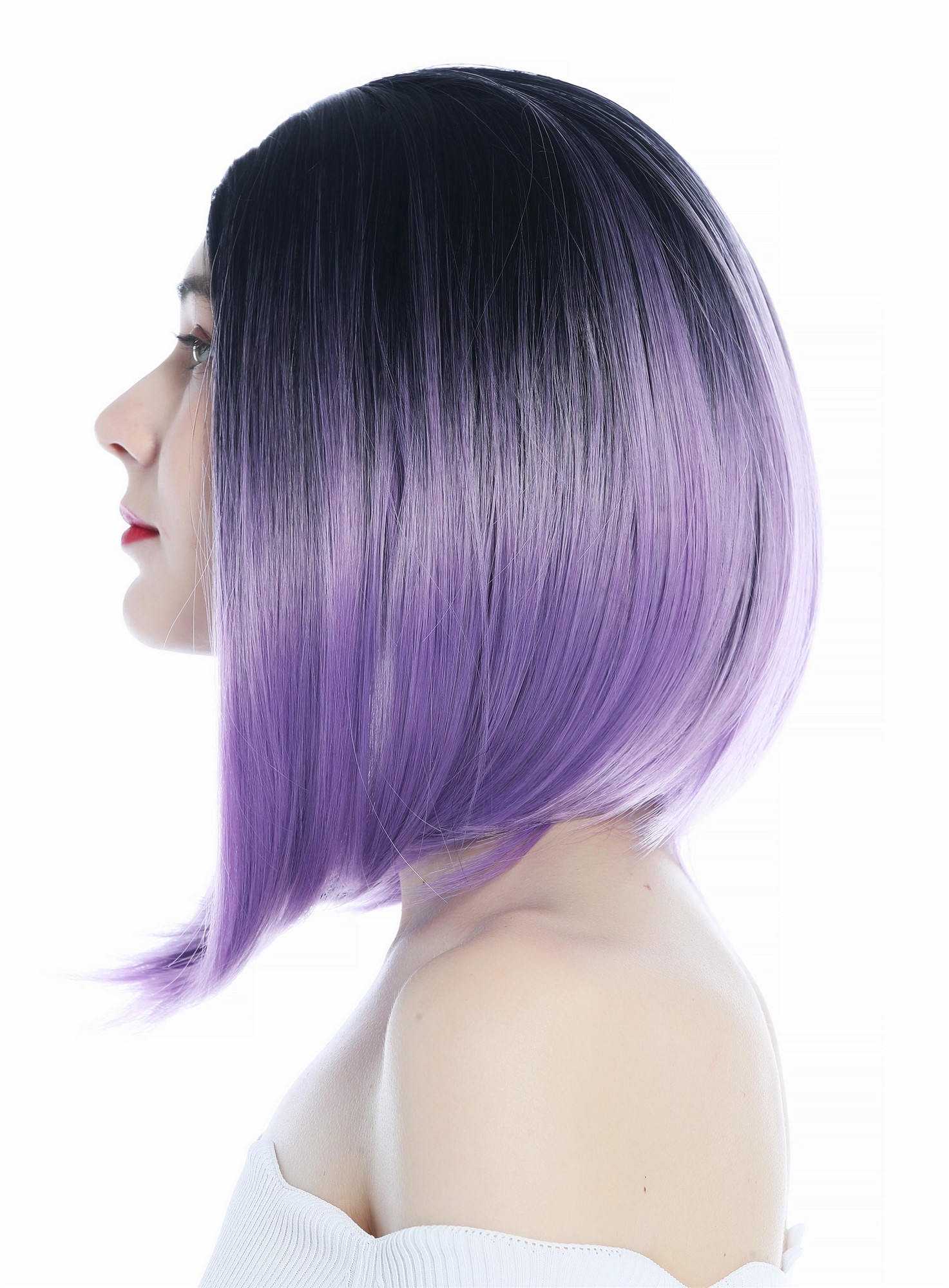 hochwertige Qualitätsperücken, Perücke kurz Longbob Clavi-Cut Ombre Schwarz Lila Mittelscheitel SZL0700-1B/3834, Ansicht 3, WIG ME UP: Ihr Perücken Online Shop glatte Tressen-Perücke mit Kopfhaut-Imitat Schwarz-Lila-Verlauf schulterlange Haare für Damen