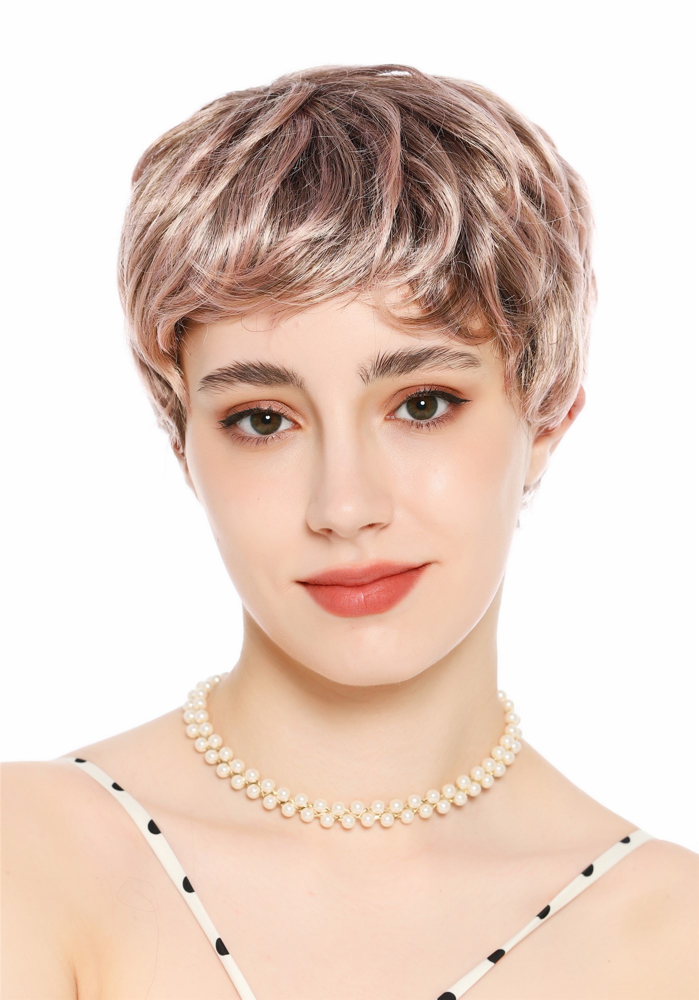 Perücke Damen Herren burschikos androgyn unsisex kurz wild gewellt Blond Mix Rosa Strähnchen VK-72-2215T