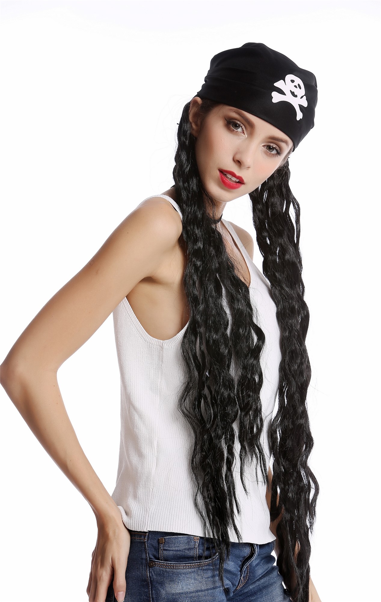 Wig & Bandana Men Women Carnival Skulls Jolly Roger Pirate long black wild semi Rasta Dreadlocks, view 3, WIG ME UP: Your Perücken Online Shop Party Wig, Unisex, Black, curled, long
