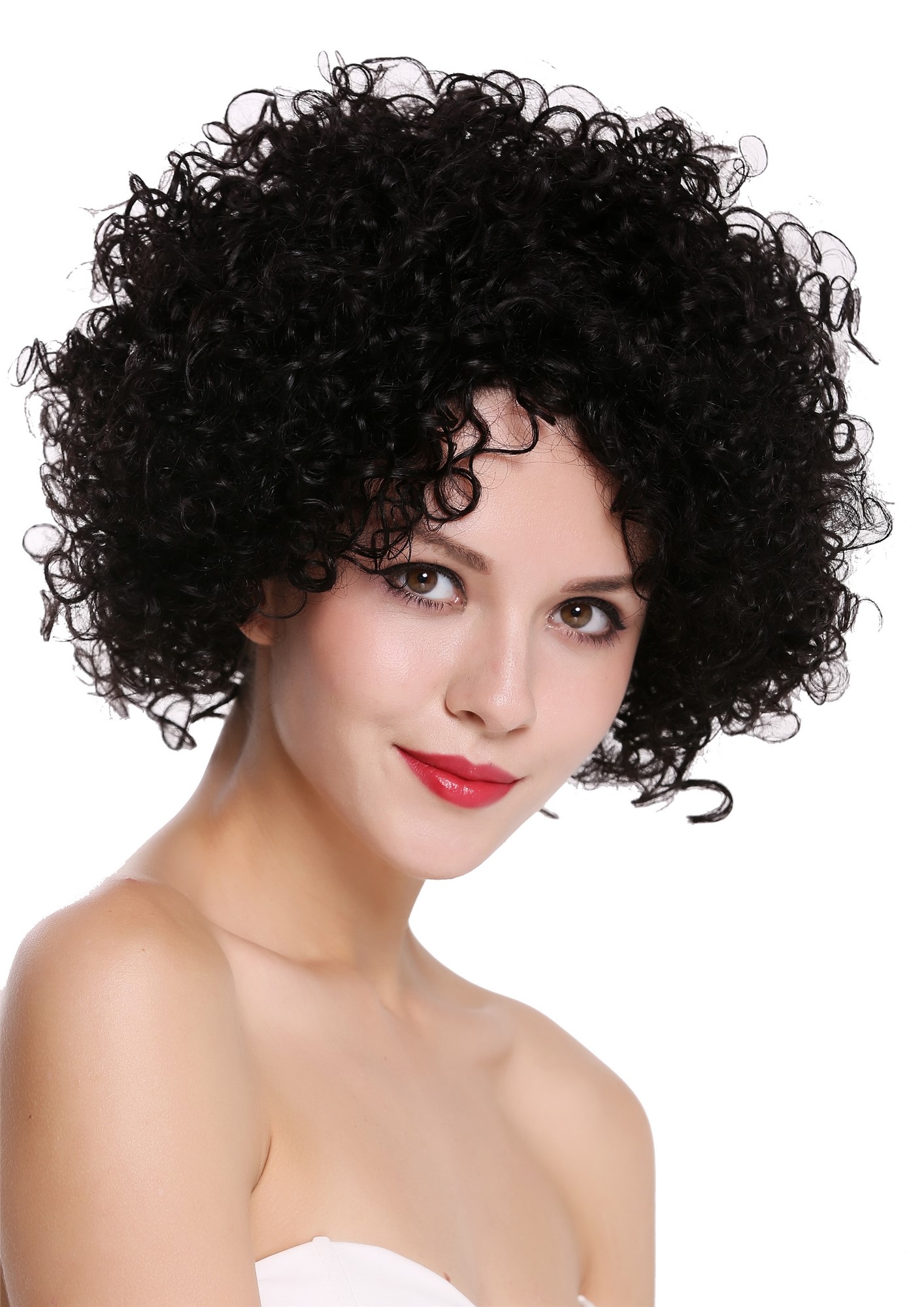 hochwertige Qualitätsperücken, Echthaar Perücke kraus gelockt Volumen Schwarz Afro UR-017-HH-1B, Ansicht 2, WIG ME UP: Ihr Perücken Online Shop lockige Tressen-Perücke 100% Echthaar Samtschwarz kurze Haare für Damen