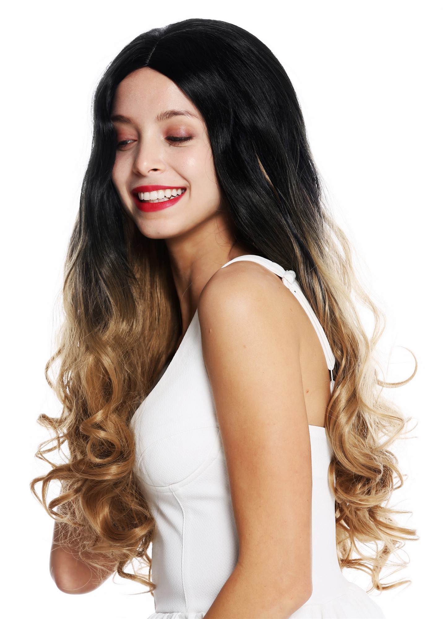 hochwertige Qualitätsperücken, Perücke lang gewellt gelockt Mittelscheitel Ombre Schwarz Blond ZM-1692-M27Dye1B, Ansicht 3, WIG ME UP: Ihr Perücken Online Shop lockige Tressen-Perücke mit Kopfhaut-Imitat Blond-Schwarz-Mix lange Haare für Damen