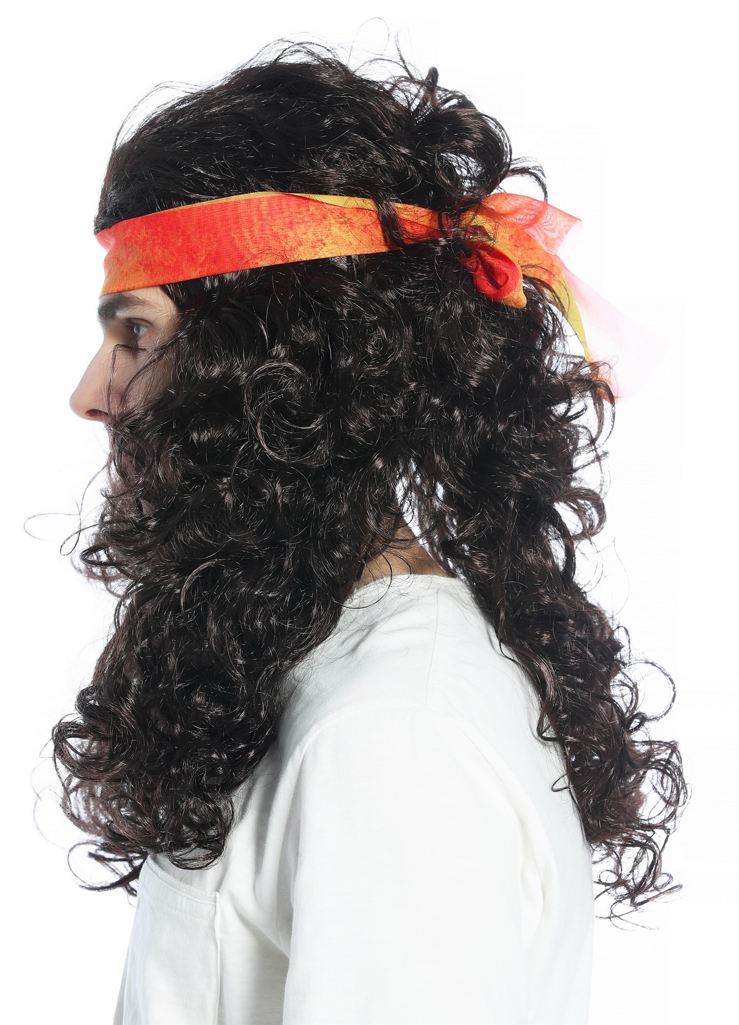 Halloween wig headband set long voluminous brown curled Hippie 70s retro CW-027, view 3, WIG ME UP: Your Perücken Online Shop Party Wig, Unisex, medium brown, curled, long