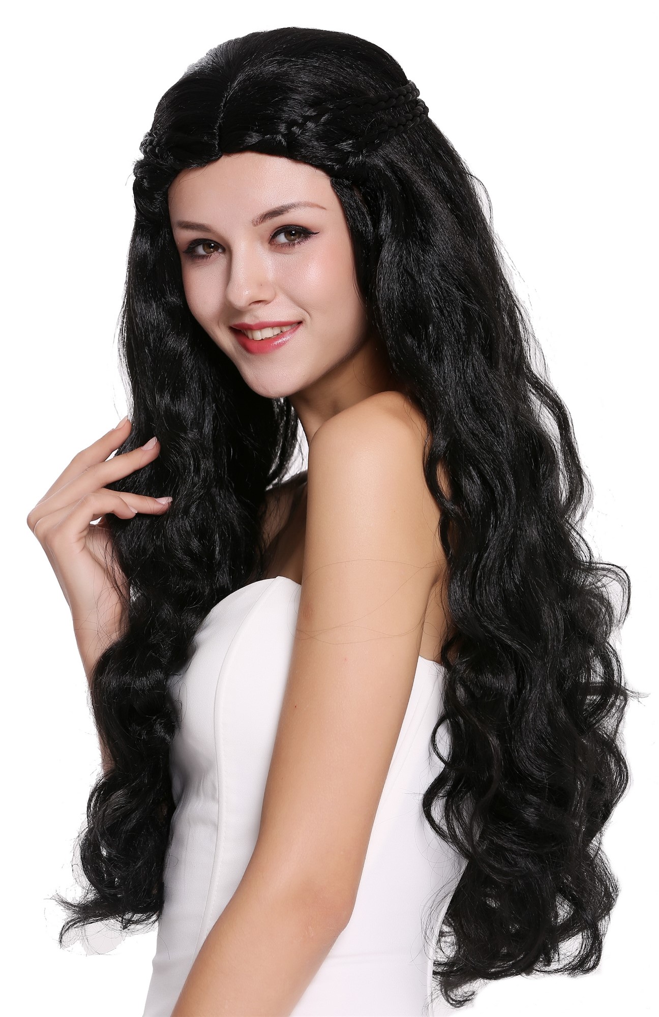 günstige Party Perücke, Perücke Lang Schwarz Geflochten 91323-ZA103, Vorderansicht, WIG ME UP: Ihr Perücken Online Shop geflochtene Party Perücke Schwarz lange Haare für Damen