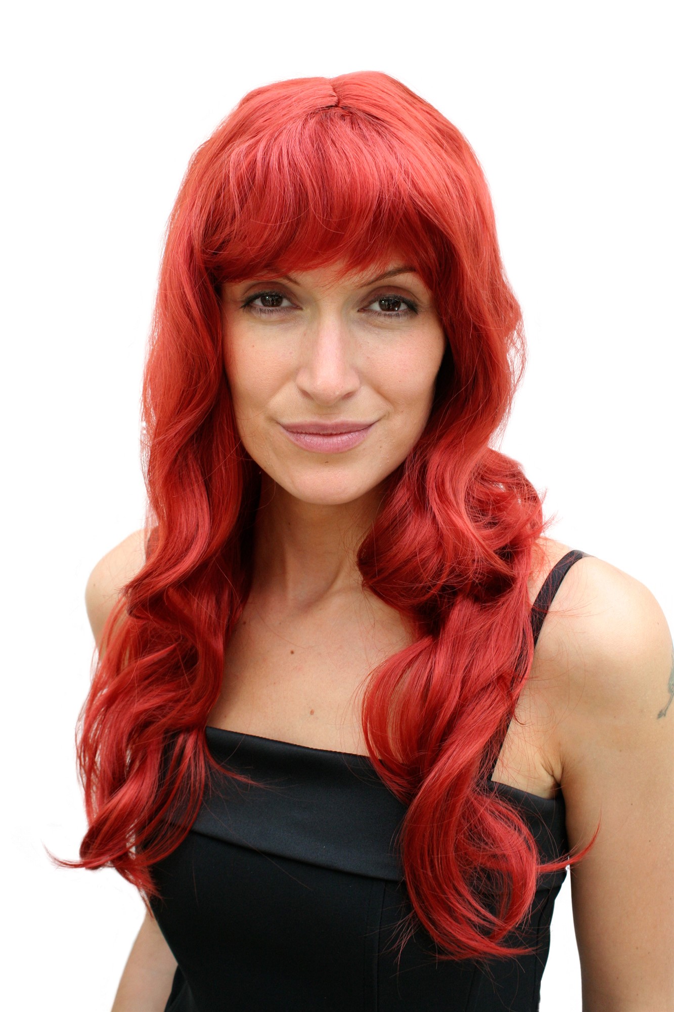 Party/Fancy Dress/Halloween Lady WIG fringe RUBY RED Hollywood Diva Femme Fatale PW0193-135, front view, WIG ME UP: Your Perücken Online Shop Party Wig, Ladies, fire red, wavy, long