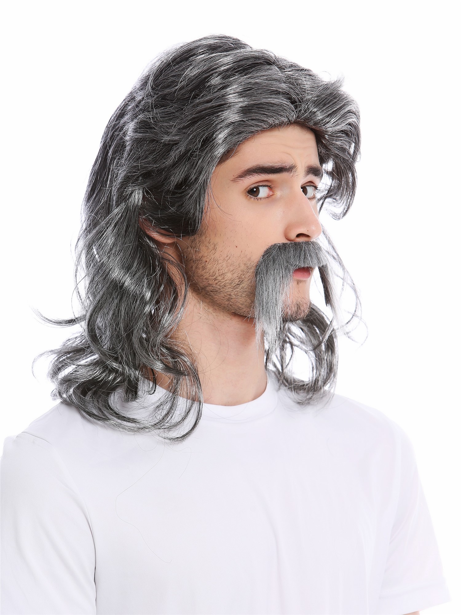 Men's Wig & Mustache Set gray long wild Gaul Viking Celt 70s Pimp Mullet 91098, view 2, WIG ME UP: Your Perücken Online Shop Party Wig, Men, Grey, wavy, shoulder-length