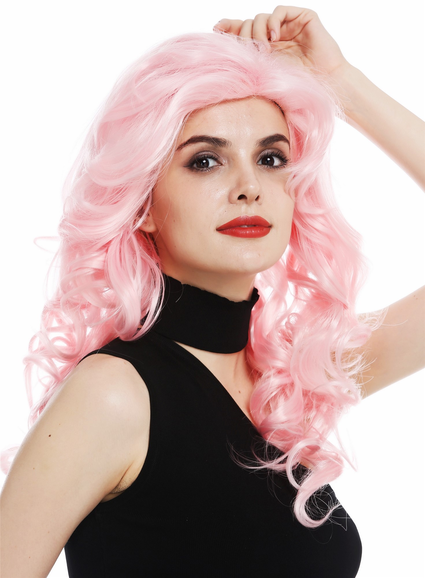 hochwertige Qualitätsperücken, Perücke Diva 80er Wellig helles Rosa WL-3010-T2333, Vorderansicht, WIG ME UP: Ihr Perücken Online Shop lockige Tressen-Perücke Hellrosa schulterlange Haare für Damen