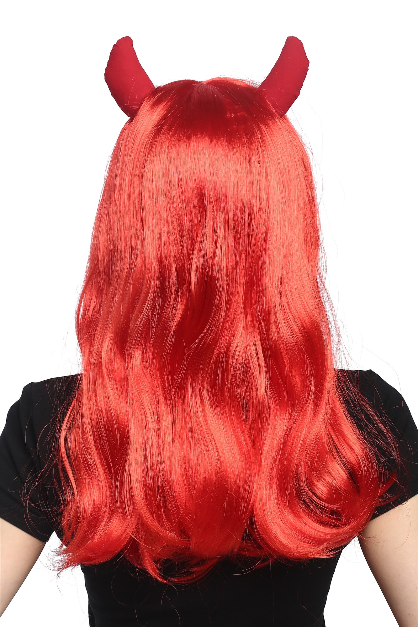 günstige Party Perücke, Perücke Rot Lang mit Hörnern Teufelin 90897-ZA13, Ansicht 4, WIG ME UP: Ihr Perücken Online Shop wellige Party Perücke Rot lange Haare für Damen