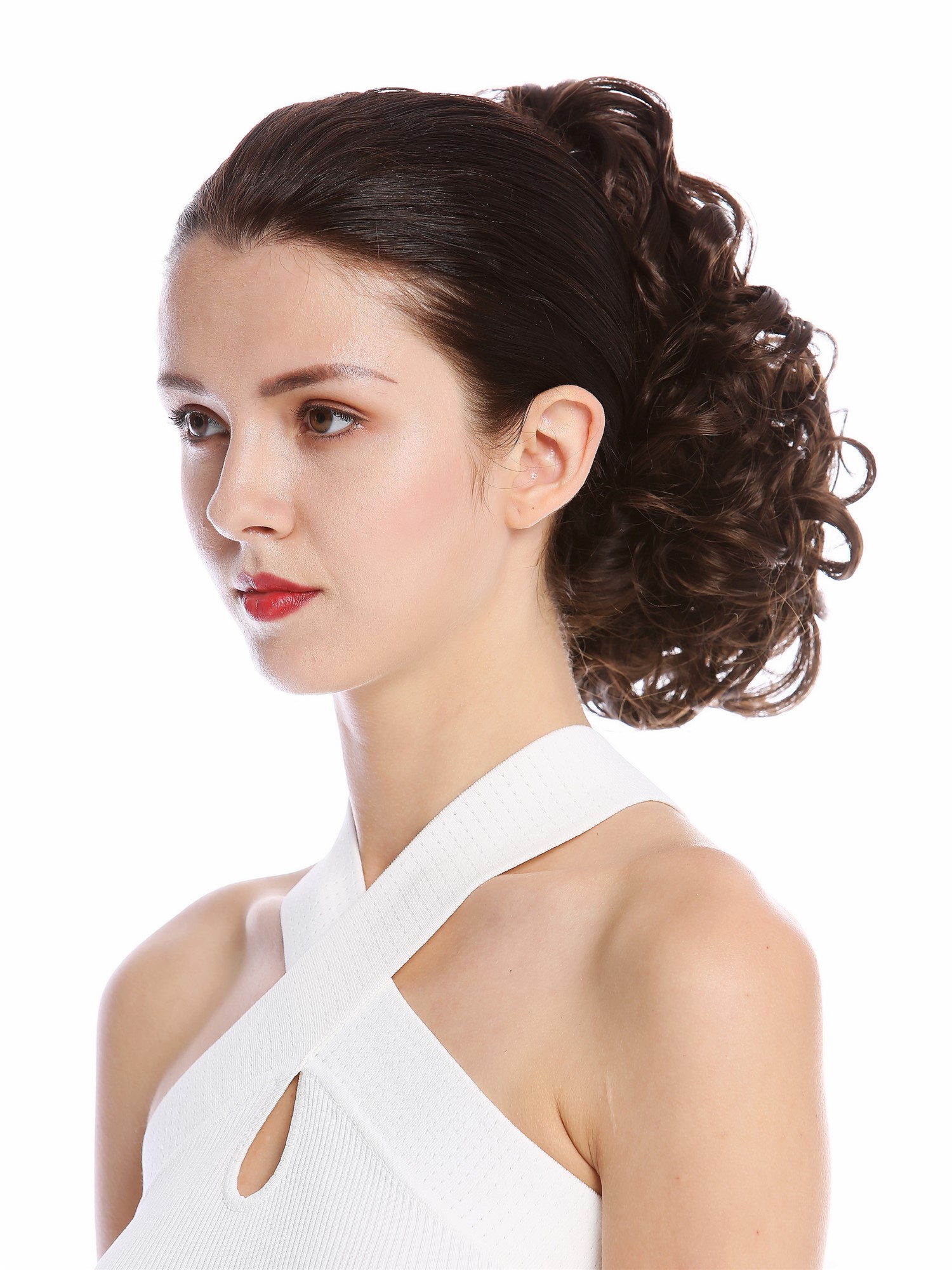 hochwertiger Zopf Pferdeschwanz Voluminös Gelockt Kurz Braun MKB-22-V-6, Ansicht 3, WIG ME UP: Ihr Perücken Online Shop lockiges Zopf-Haarteil Mittelbraun 25 cm lang