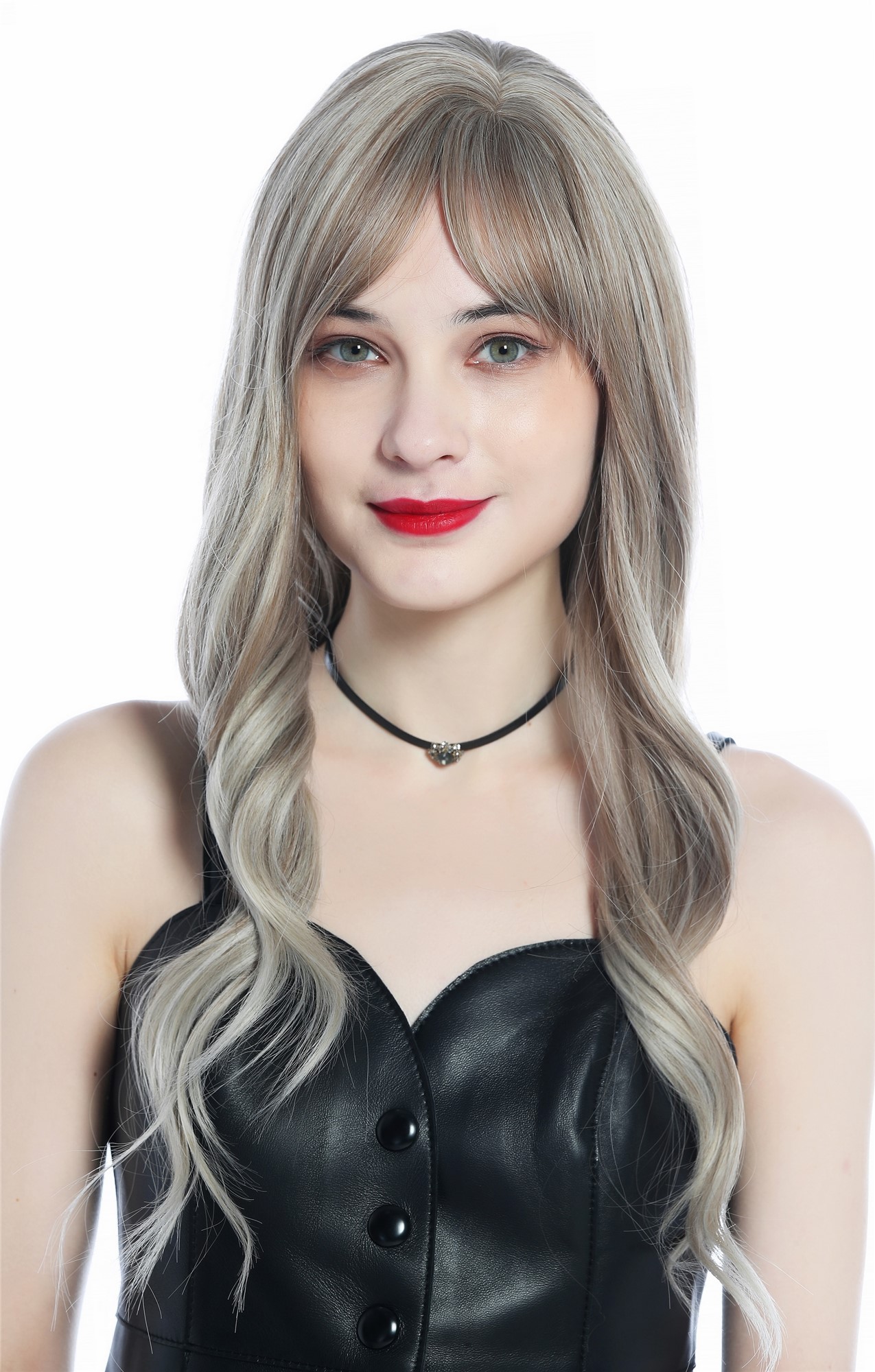 hochwertige Qualitätsperücken, Perücke sehr lang wellig Balayage Mittelblond platinblonde Strähnen LC272N-10T85/88A, Vorderansicht, WIG ME UP: Ihr Perücken Online Shop wellige Tressen-Perücke mit Kopfhaut-Imitat Mittelblond mit Platinblonde Strähnen lange Haare für Damen