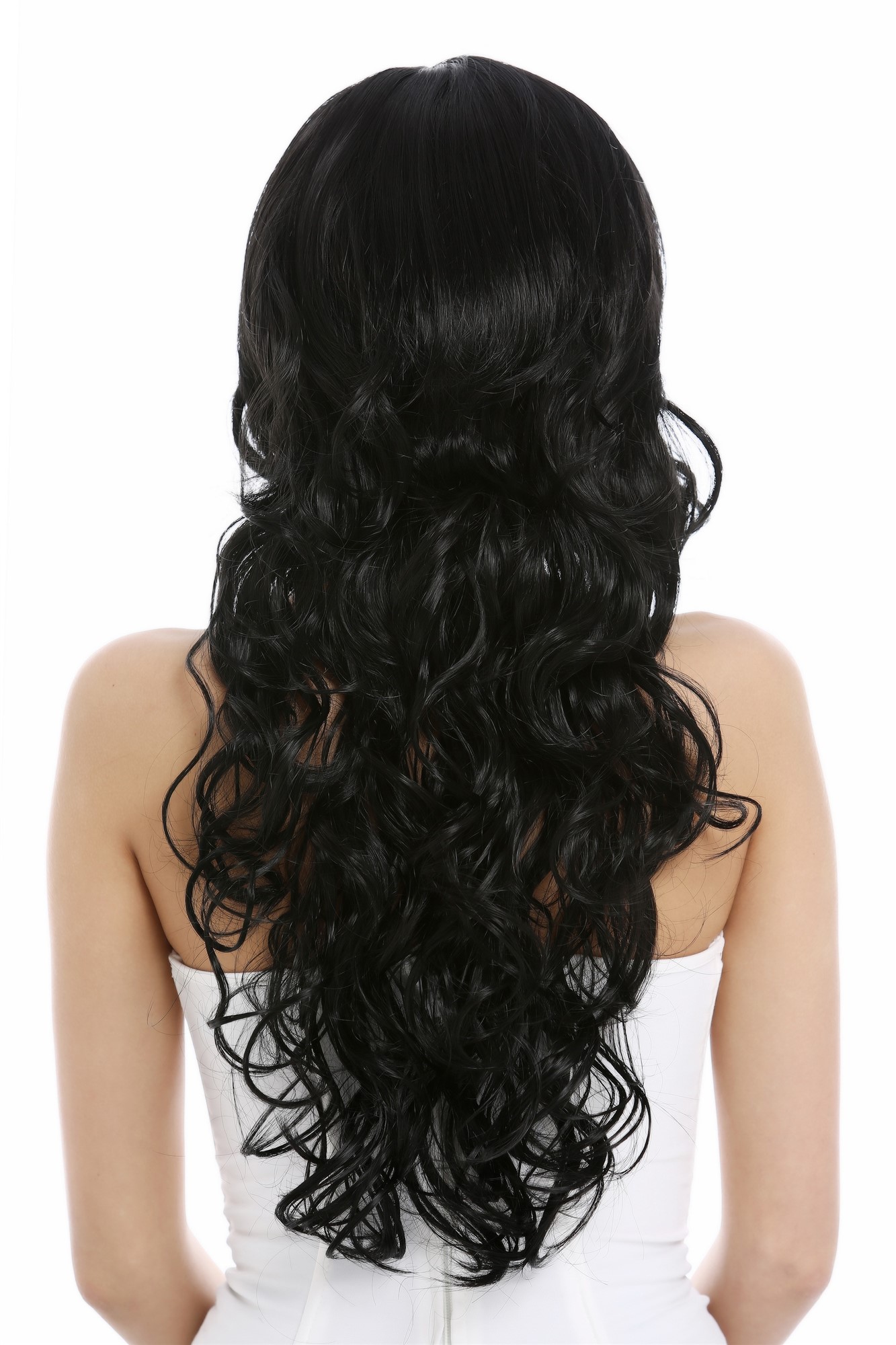 hochwertige Qualitätsperücken, Perücke lang gelockt wet look Schwarz VK-47-1B, Ansicht 4, WIG ME UP: Ihr Perücken Online Shop lockige Tressen-Perücke mit Kopfhaut-Imitat Samtschwarz lange Haare für Damen