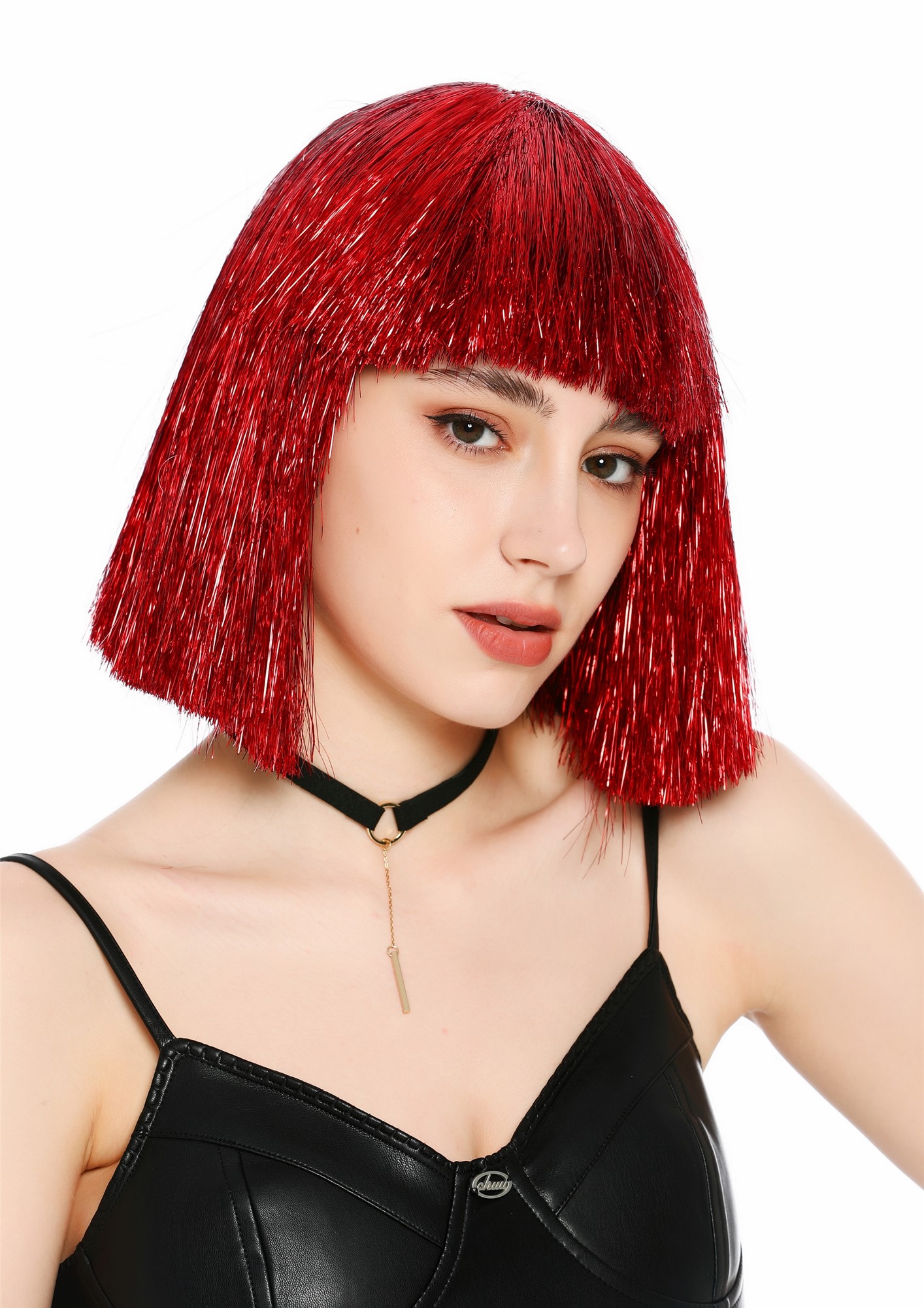 Perücke Damen Glitzer Lametta Tinsel Look Longbob Pony Disco Glam Rot VK-42-TN6