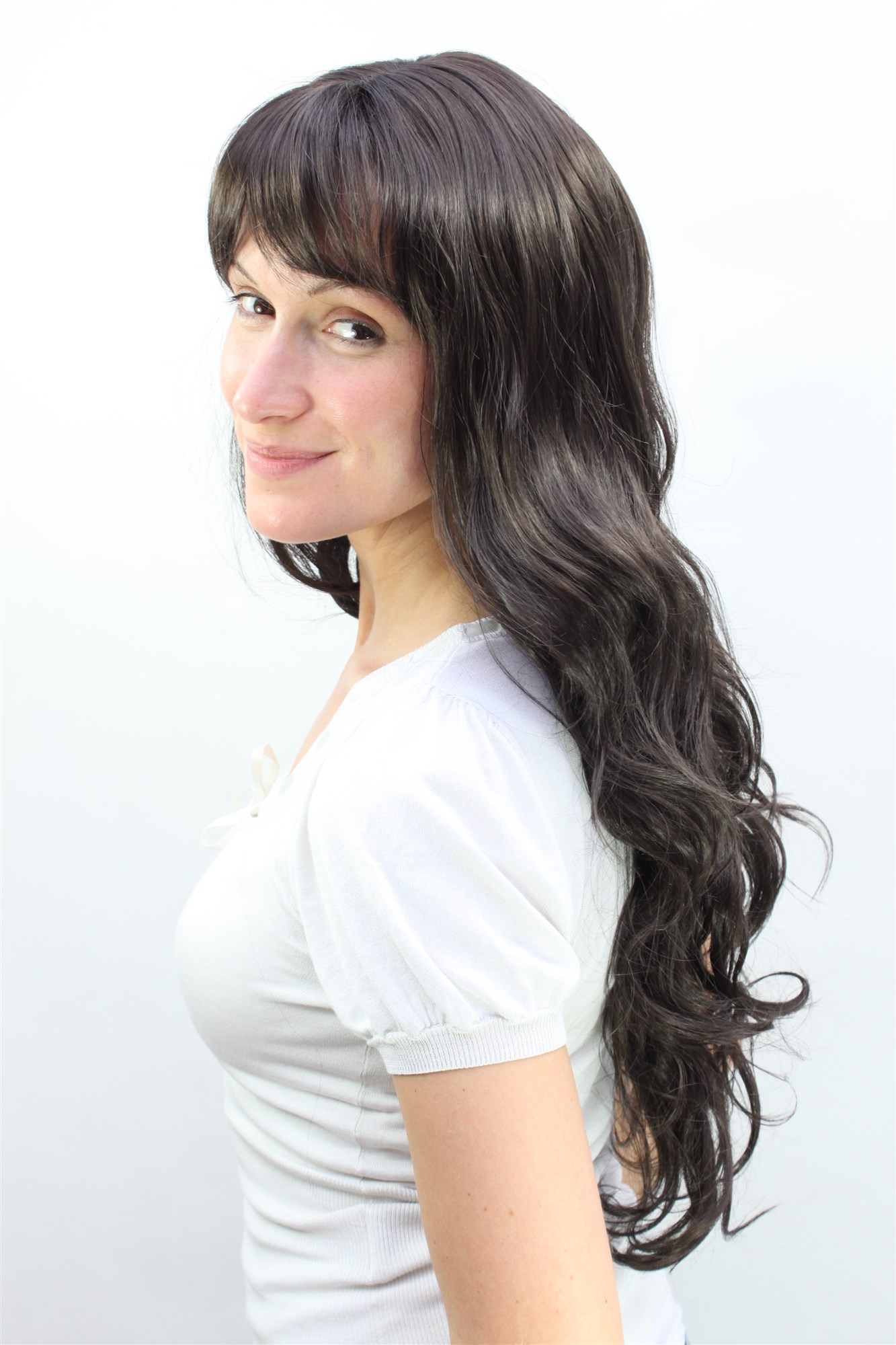 hochwertige Qualitätsperücken, Frauen Perücke dunkelbraun sehr lang gewellt 9317-4, Ansicht 3, WIG ME UP: Ihr Perücken Online Shop wellige Tressen-Perücke mit Kopfhaut-Imitat Braun lange Haare für Damen