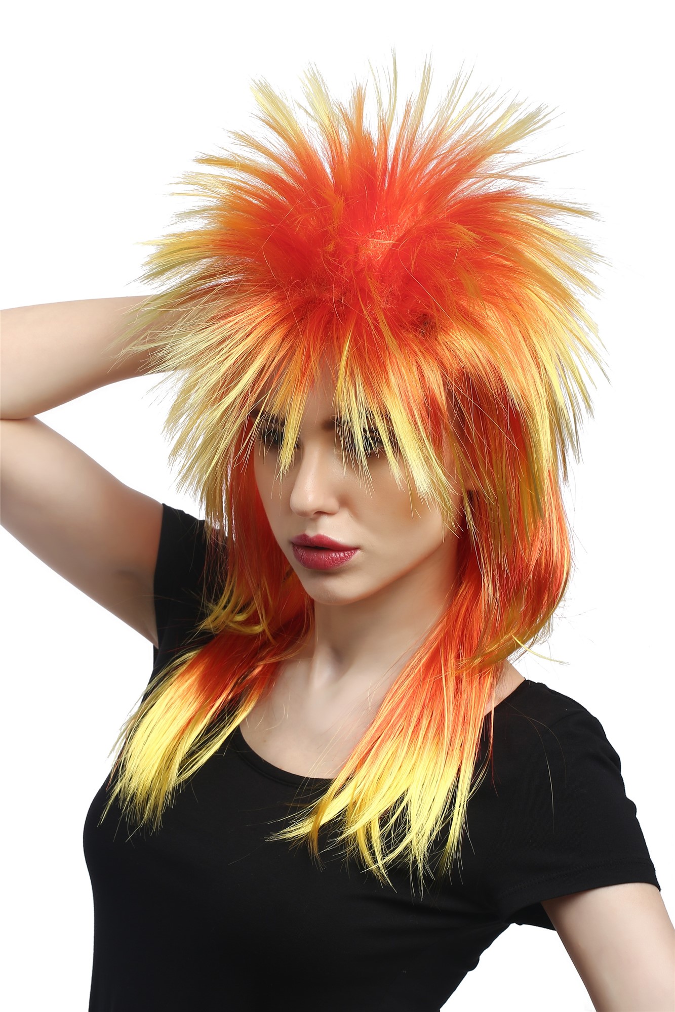 Wig Ladies Men Halloween Carnival 80s Glam Punk Wave Pop mullet with spiky hair yellow red, front view, WIG ME UP: Your Perücken Online Shop Party Wig, Unisex, yellow, red, wavy, long