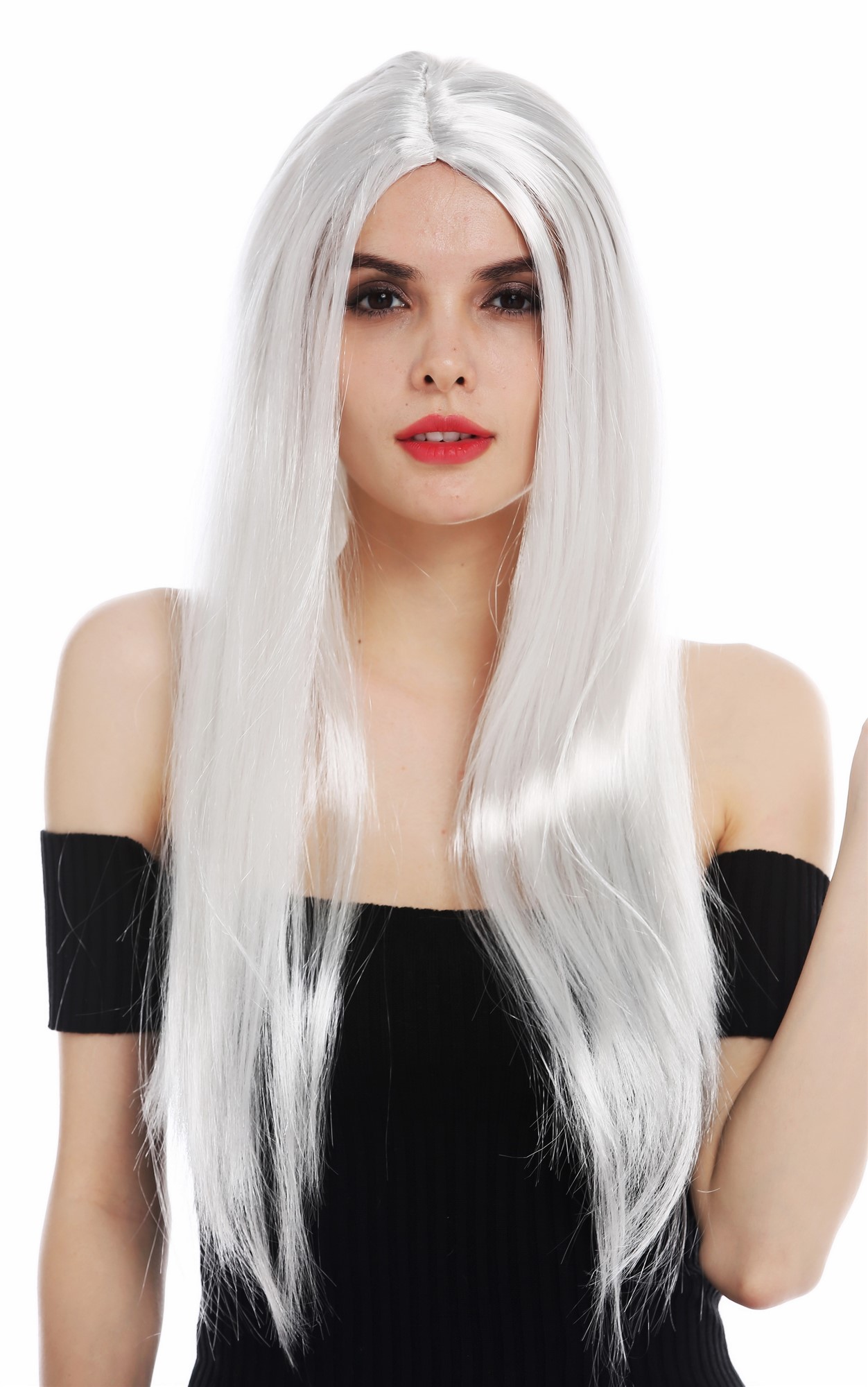 Wig women very long sleek middle parting grey fairy witch old hippie 2017125, front view, WIG ME UP: Your Perücken Online Shop Party Wig, Ladies, light gray, straight, long