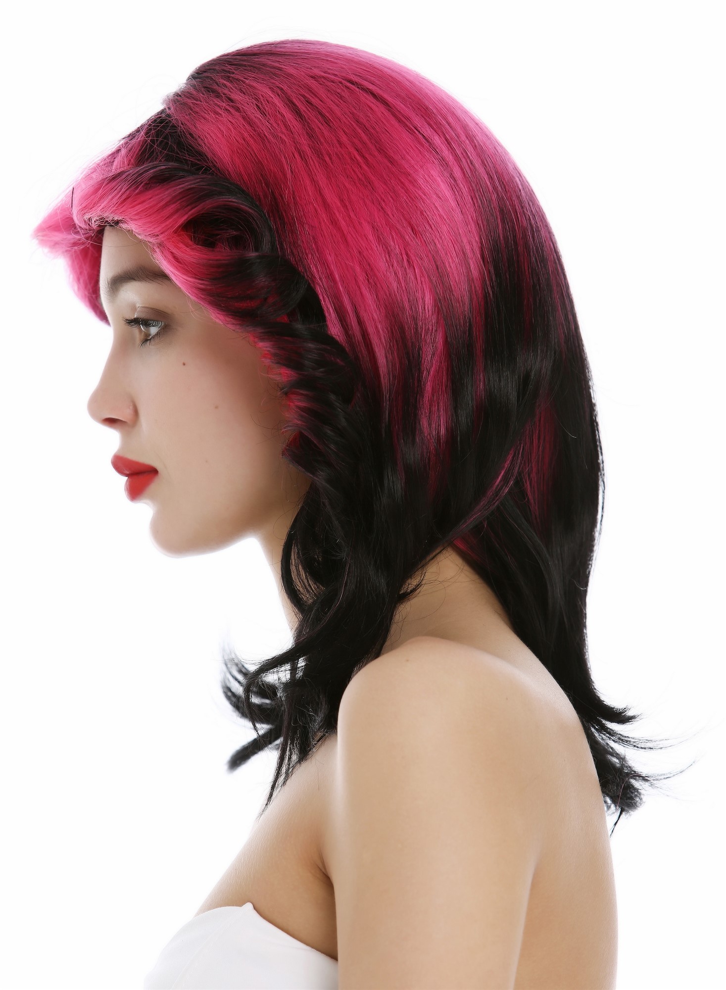 hochwertige Qualitätsperücken, Perücke gewellt toupiert 70er 80er Retro Schwarz Rosa VK-41-1B/HCT5S1B, Ansicht 3, WIG ME UP: Ihr Perücken Online Shop lockige Tressen-Perücke mit Kopfhaut-Imitat Schwarz-Rosa-Mix schulterlange Haare für Damen