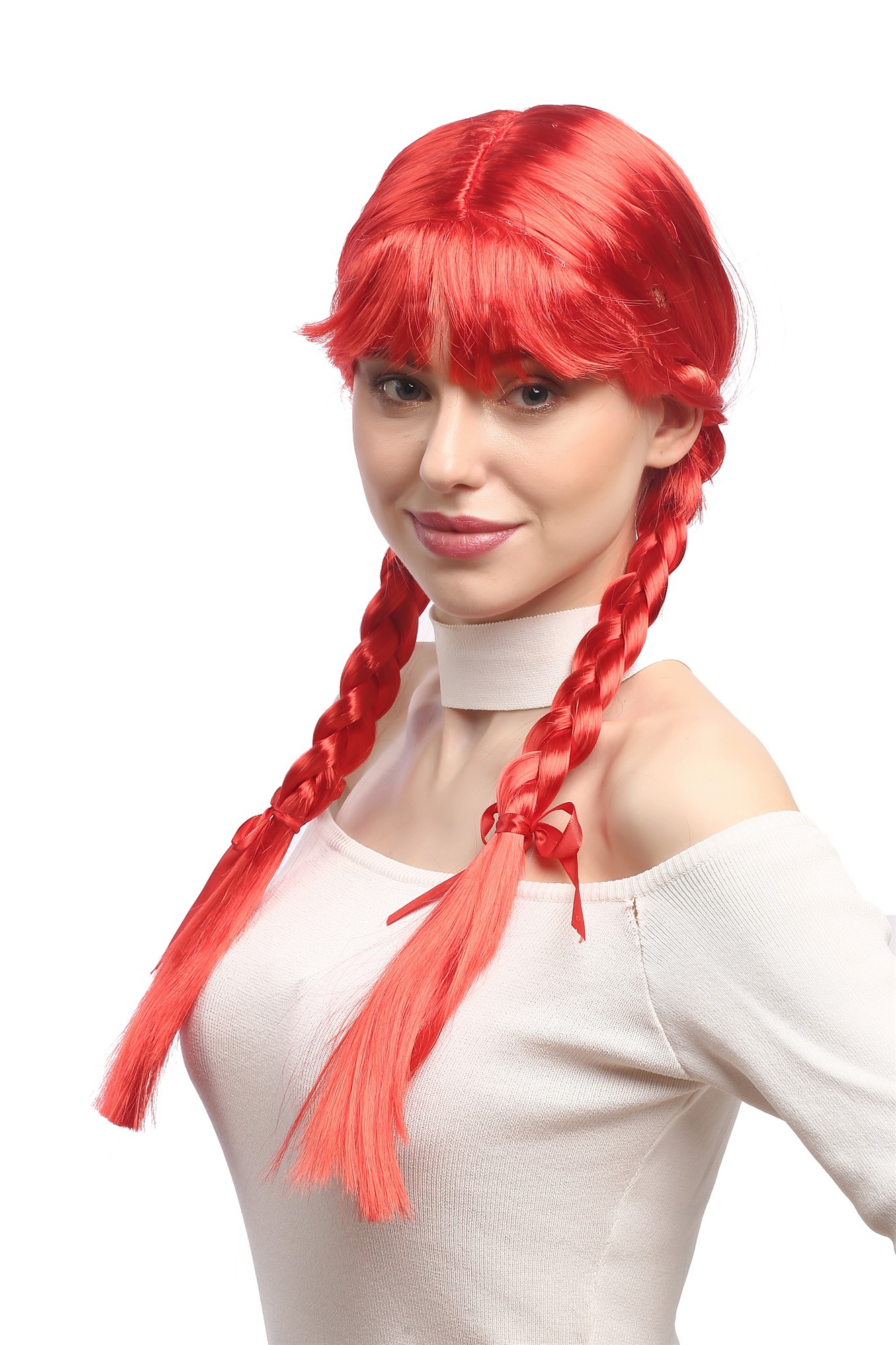 Lady Wig Halloween Lolita schoolgirl long braided plaits fringe red XR-008, view 3, WIG ME UP: Your Perücken Online Shop Party Wig, Ladies, bright red, Braided, long
