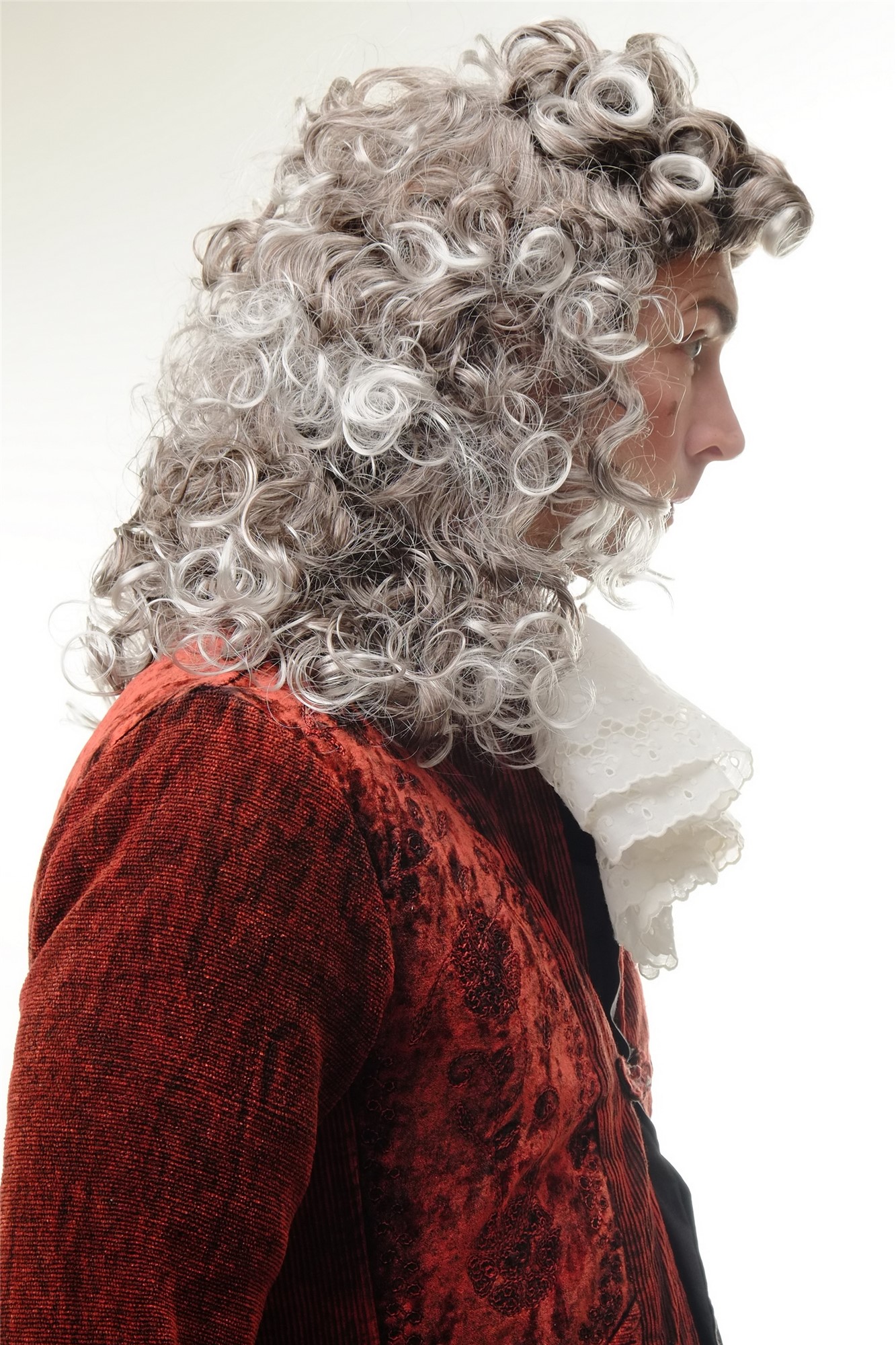 günstige Party Perücke, Perücke Vokuhila Proll Barock Edelmann Braun Grau Silbergrau AD-002-P4T309, Ansicht 4, WIG ME UP: Ihr Perücken Online Shop lockige Party Perücke Grau lange Haare Unisex