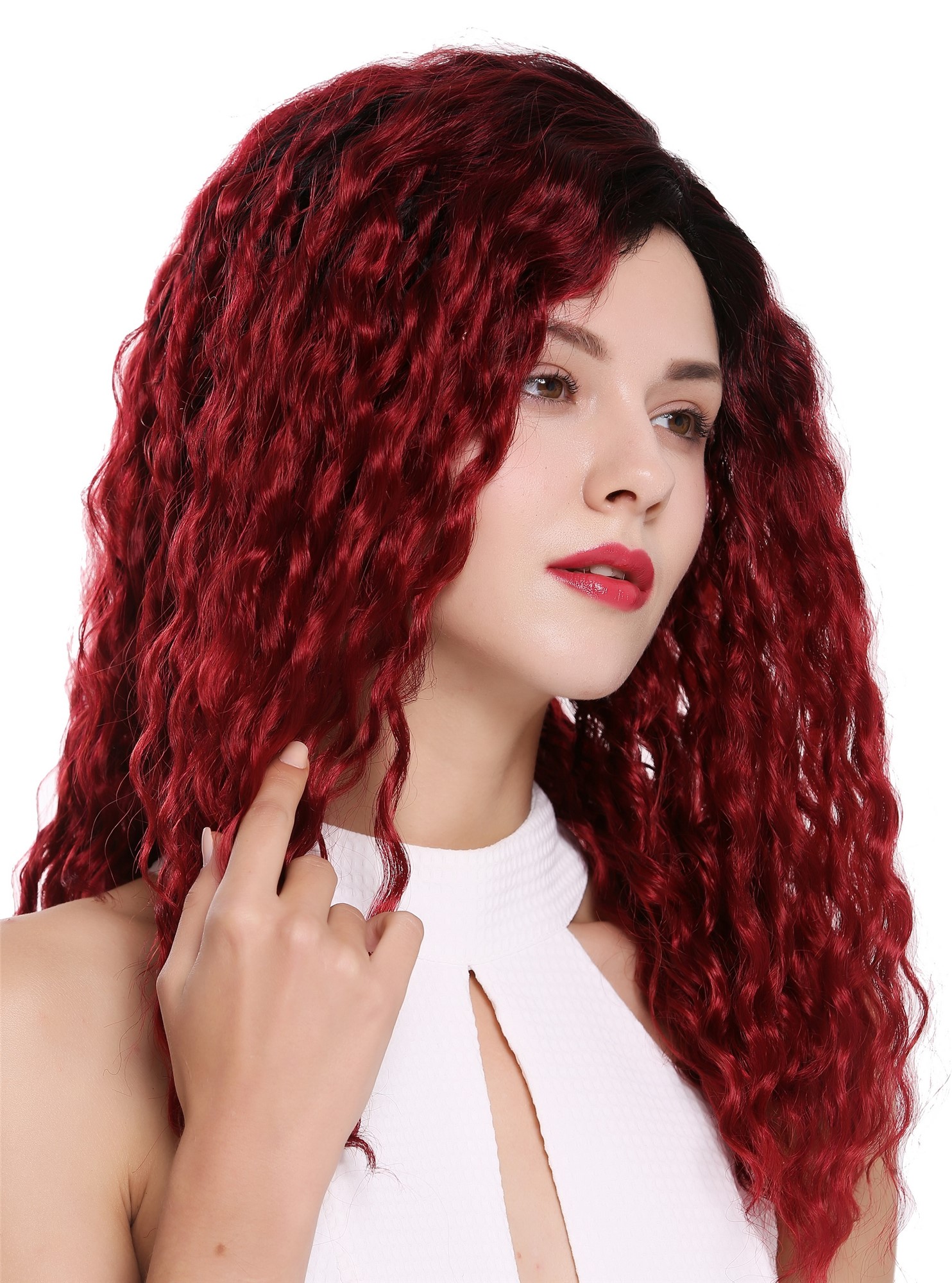 hochwertige Qualitätsperücken, Perücke Afro Locken gekreppt Seitenscheitel Ombre Schwarz Granatrot Rot 803AD-YS871S1B, Ansicht 2, WIG ME UP: Ihr Perücken Online Shop lockige Tressen-Perücke Granatrot-Samtschwarz-Mix lange Haare für Damen