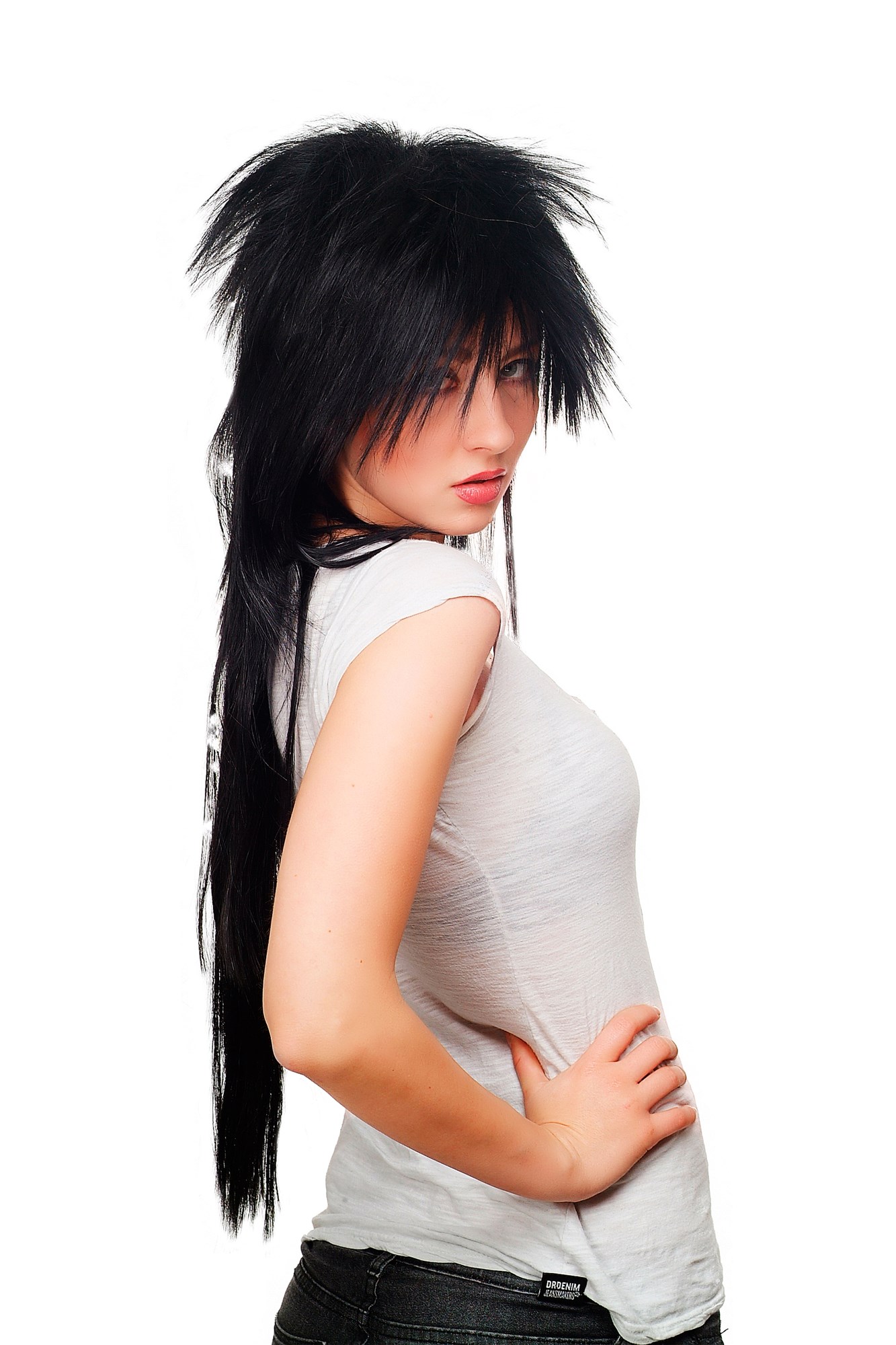 hochwertige Qualitätsperücken, 80er Jahre Look sehr lange Vokuhila Perücke Glam Rock schwarz 9666-1B, Vorderansicht, WIG ME UP: Ihr Perücken Online Shop glatte Tressen-Perücke mit Kopfhaut-Imitat Samtschwarz lange Haare für Damen