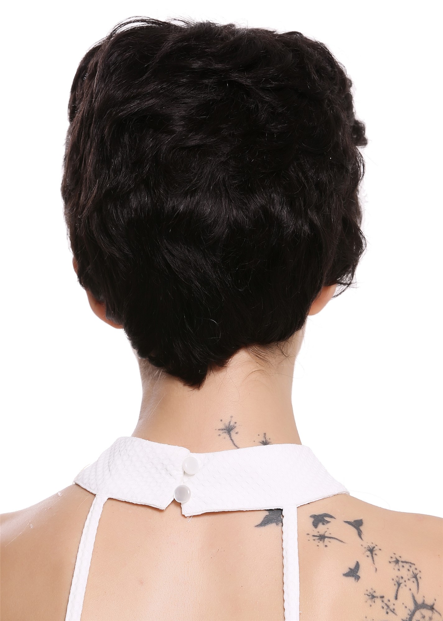hochwertige Qualitätsperücken, Perücke Echthaar Herren Damen kurz schwarz NG-HH-13-1B, Ansicht 3, WIG ME UP: Ihr Perücken Online Shop wellige Tressen-Perücke 100% Echthaar Samtschwarz kurze Haare für Unisex