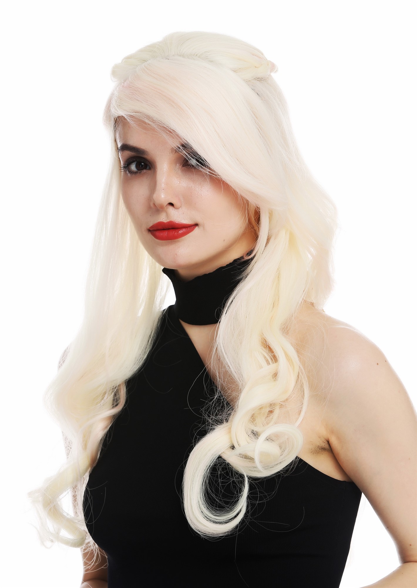 hochwertige Qualitätsperücken, Perücke lang geflochten Platin Blond Rosa WL-5013TP-613FT2333, Ansicht 2, WIG ME UP: Ihr Perücken Online Shop geflochtene Tressen-Perücke mit Kopfhaut-Imitat Blond-Rosa-Mix lange Haare für Damen