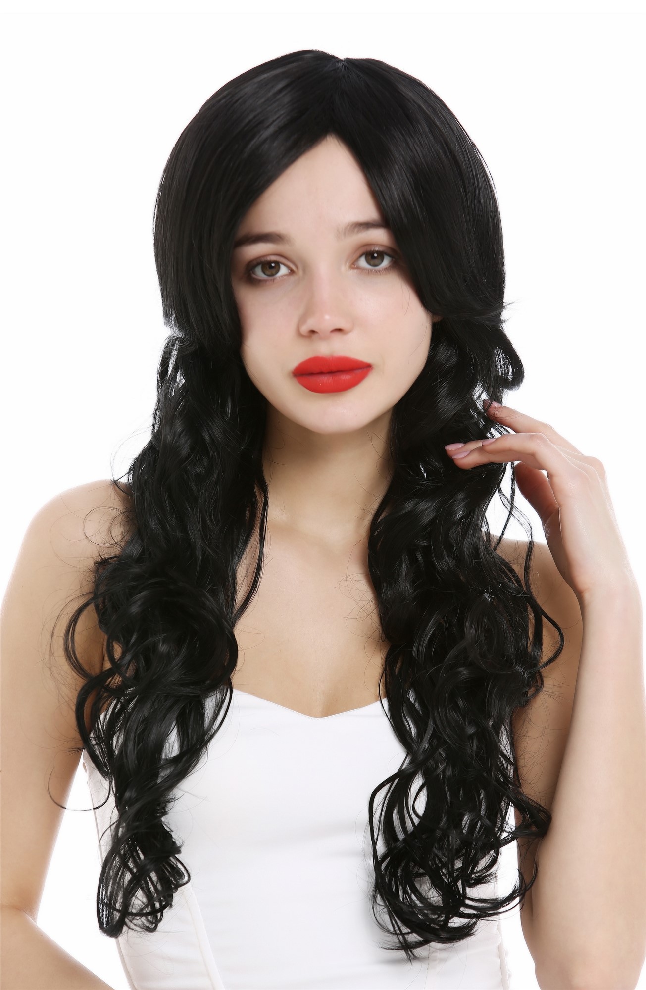 hochwertige Qualitätsperücken, Perücke lang gelockt wet look Schwarz VK-47-1B, Vorderansicht, WIG ME UP: Ihr Perücken Online Shop lockige Tressen-Perücke mit Kopfhaut-Imitat Samtschwarz lange Haare für Damen