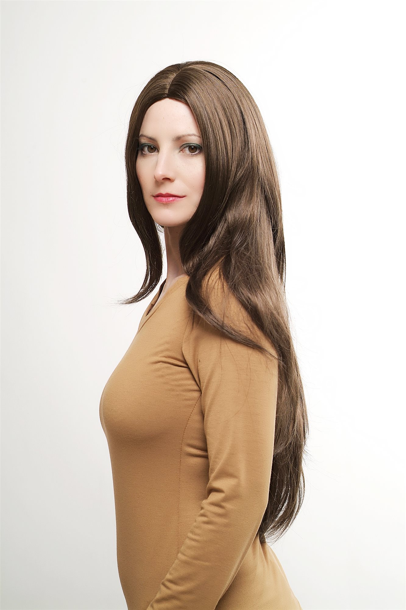 hochwertige Qualitätsperücken, Perücke sehr lang glatt gestuft Mittelscheitel Mittelbraun Braun 3217-8, Ansicht 2, WIG ME UP: Ihr Perücken Online Shop glatte Tressen-Perücke mit Kopfhaut-Imitat Braun sehr lange Haare für Damen