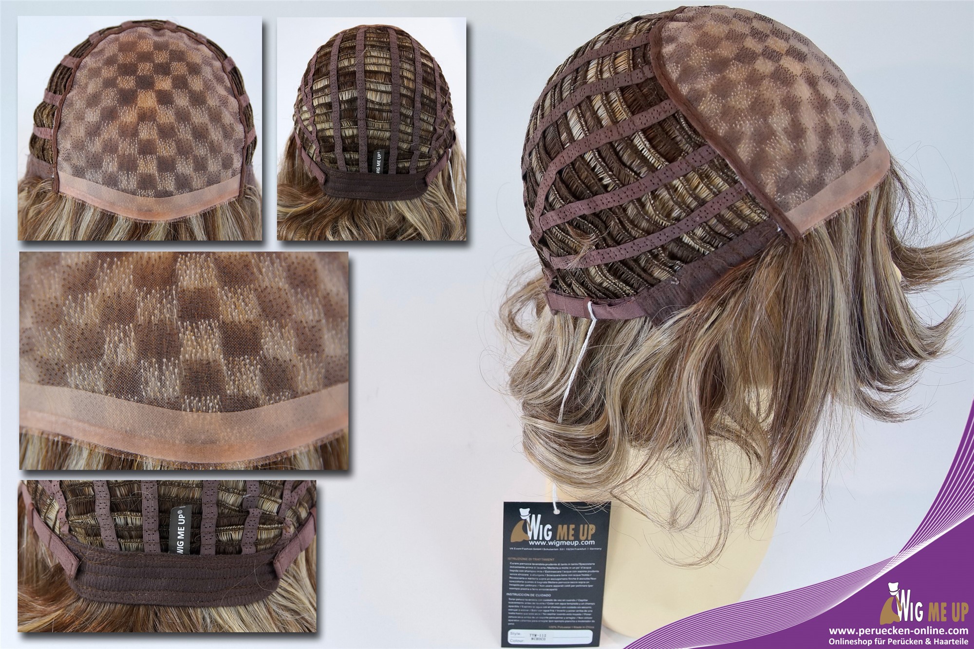 hochwertige Qualitätsperücken, Perücke Monofilament kurz wellig Braun Blond gesträhnt TYM-112-MT-CHOCO, Ansicht 7, WIG ME UP: Ihr Perücken Online Shop wellige Tressen-Perücke mit Teil-Mono Oberkopf Braun-Blond-Mix kurze Haare für Damen