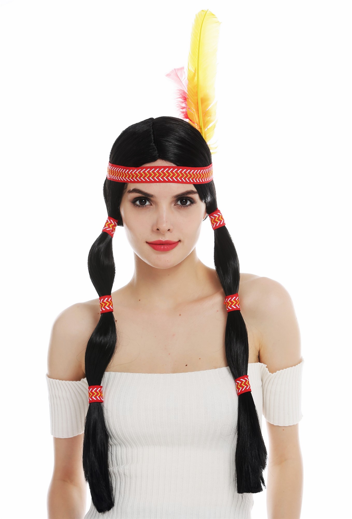 Women's wig Native American woman Wild West braids black head band feather 6081, front view, WIG ME UP: Your Perücken Online Shop Party Wig, Ladies, pitch black, straight, long