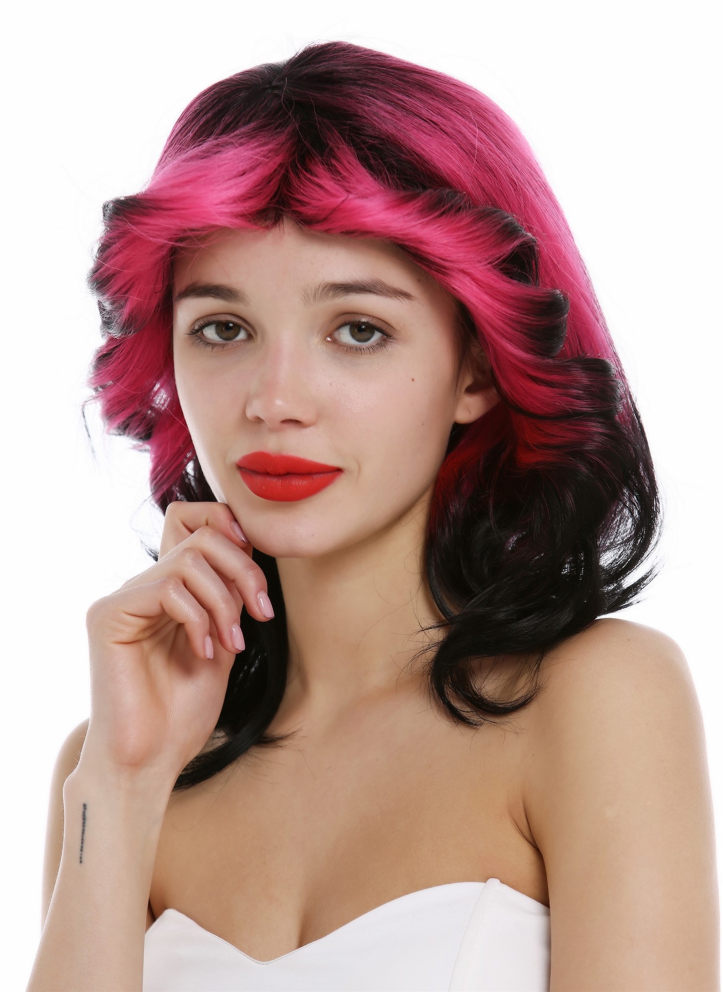 hochwertige Qualitätsperücken, Perücke gewellt toupiert 70er 80er Retro Schwarz Rosa VK-41-1B/HCT5S1B, Ansicht 6, WIG ME UP: Ihr Perücken Online Shop lockige Tressen-Perücke mit Kopfhaut-Imitat Schwarz-Rosa-Mix schulterlange Haare für Damen