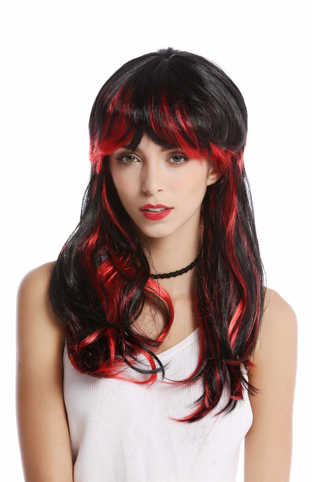 Wig Ladies Women long fringe black with red streaks highlights She-devil demon vampire, front view, WIG ME UP: Your Perücken Online Shop Party Wig, Ladies, Red, Black, wavy, long