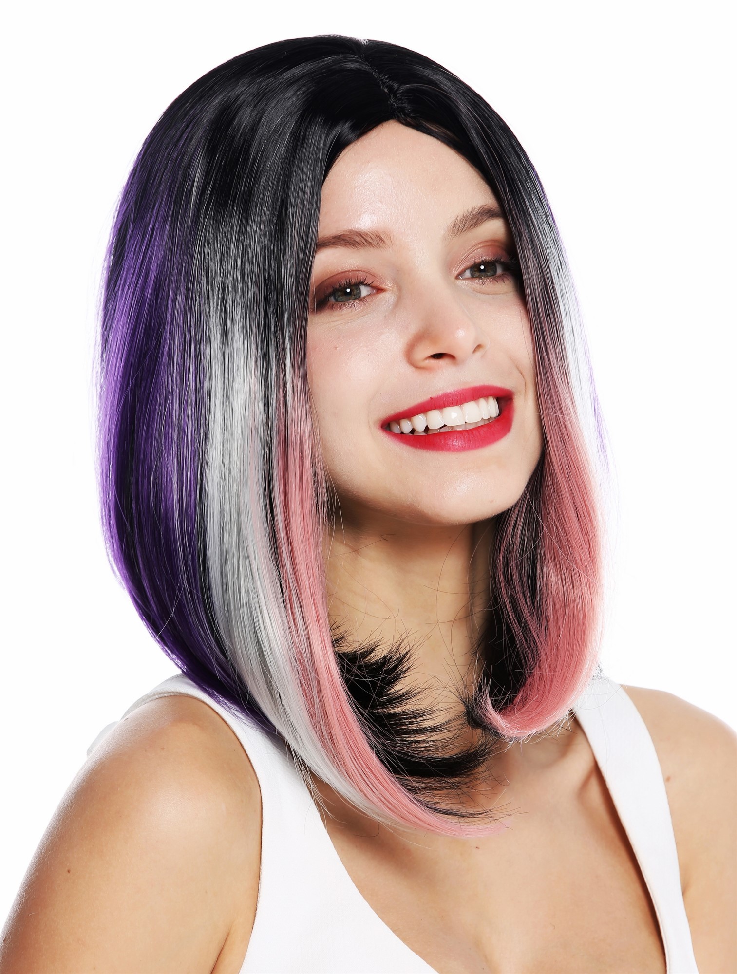 hochwertige Qualitätsperücken, Perücke kurz Longbob Mittelscheitel glatt Schwarz Lila Rosa Blond ZM-1769-Colorful, Vorderansicht, WIG ME UP: Ihr Perücken Online Shop glatte Tressen-Perücke mit Kopfhaut-Imitat Schwarz, Lila, Rosa, Blond Mix schulterlange Haare für Damen