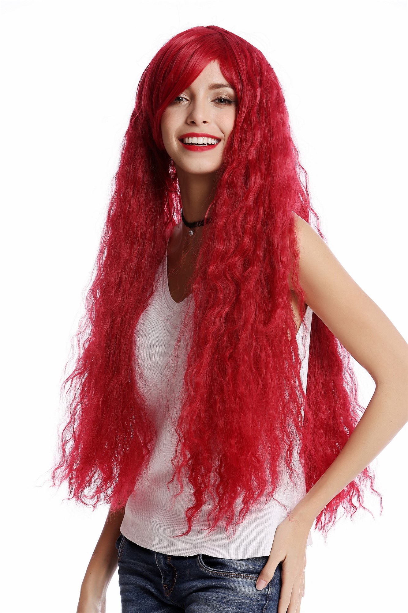 hochwertige Qualitätsperücken, Perücke Locken Lang Rot gekreppt YZF-4381-T1762, Vorderansicht, WIG ME UP: Ihr Perücken Online Shop lockige Tressen-Perücke Rot sehr lange Haare für Damen