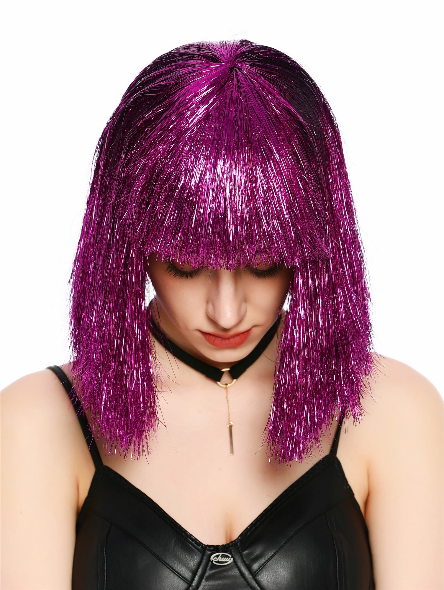 Perücke Damen Glitzer Lametta Tinsel Look Longbob Pony Disco Lila VK-42-TN19