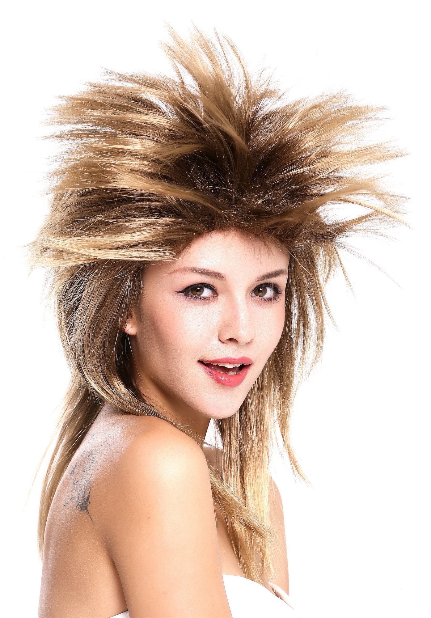 Men & Ladies Party Wig 80s Punk Wave Pop Star Brown Mix Halloween 90891, view 4, WIG ME UP: Your Perücken Online Shop Party Wig, Unisex, Brown, straight, shoulder-length